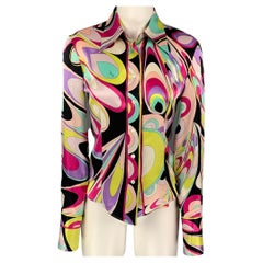 EMILIO PUCCI Mehrfarbige abstrakte Seidenbluse mit Knopfleiste, Größe 6