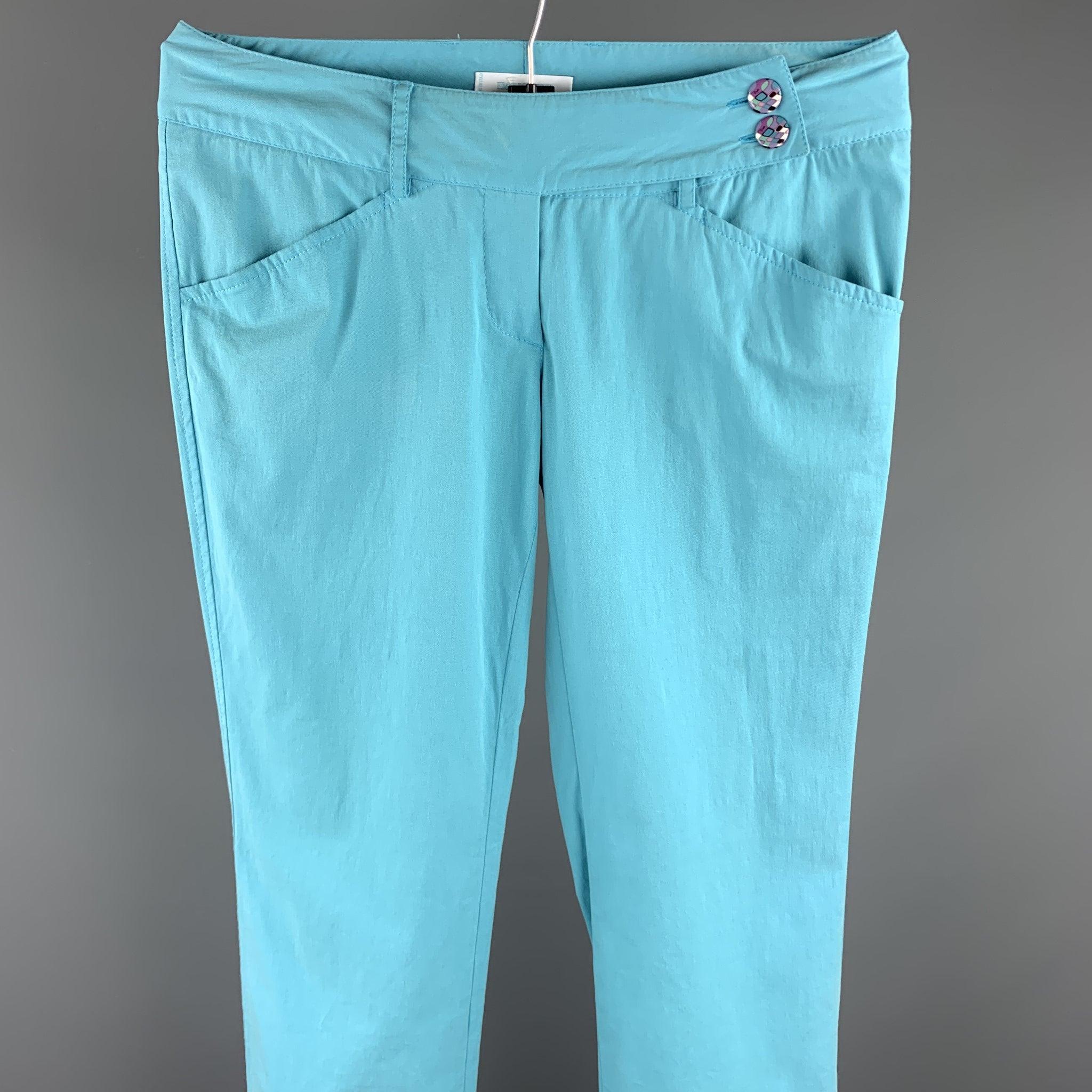 EMILIO PUCCI casual pants comes in a turquoise blue cotton / elastane featuring a straight leg, zip fly, and a double button closure. Made in Italy.
Excellent
Pre-Owned Condition. 

Marked:   6 

Measurements: 
  Waist: 30 inches 
Rise: 5.5 inches