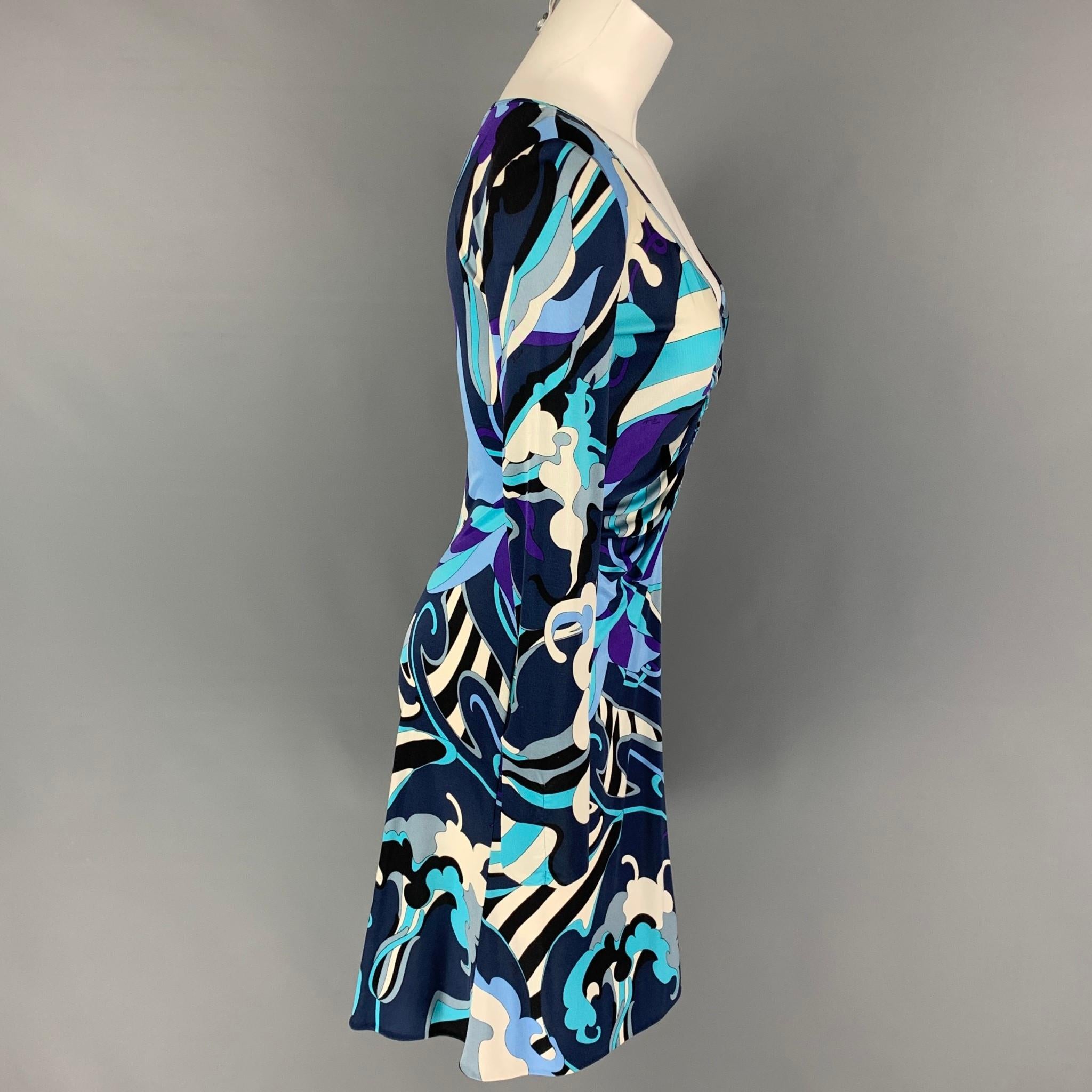 EMILIO PUCCI dress comes in a navy & purple abstract silk featuring a ruched front, long sleeves, and a v-neck. Made in Italy. 

Very Good Pre-Owned Condition.
Marked: I 42 / F 38 / USA 8 / UK 10

Measurements:

Shoulder: 16.5 in.
Bust: 32