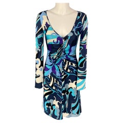 EMILIO PUCCI Size 8 Navy Purple Silk Abstract Ruched Dress