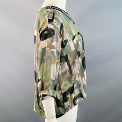 EMILIO PUCCI Size L Green Black Silk Graphic Sequined Cuffed Blouse