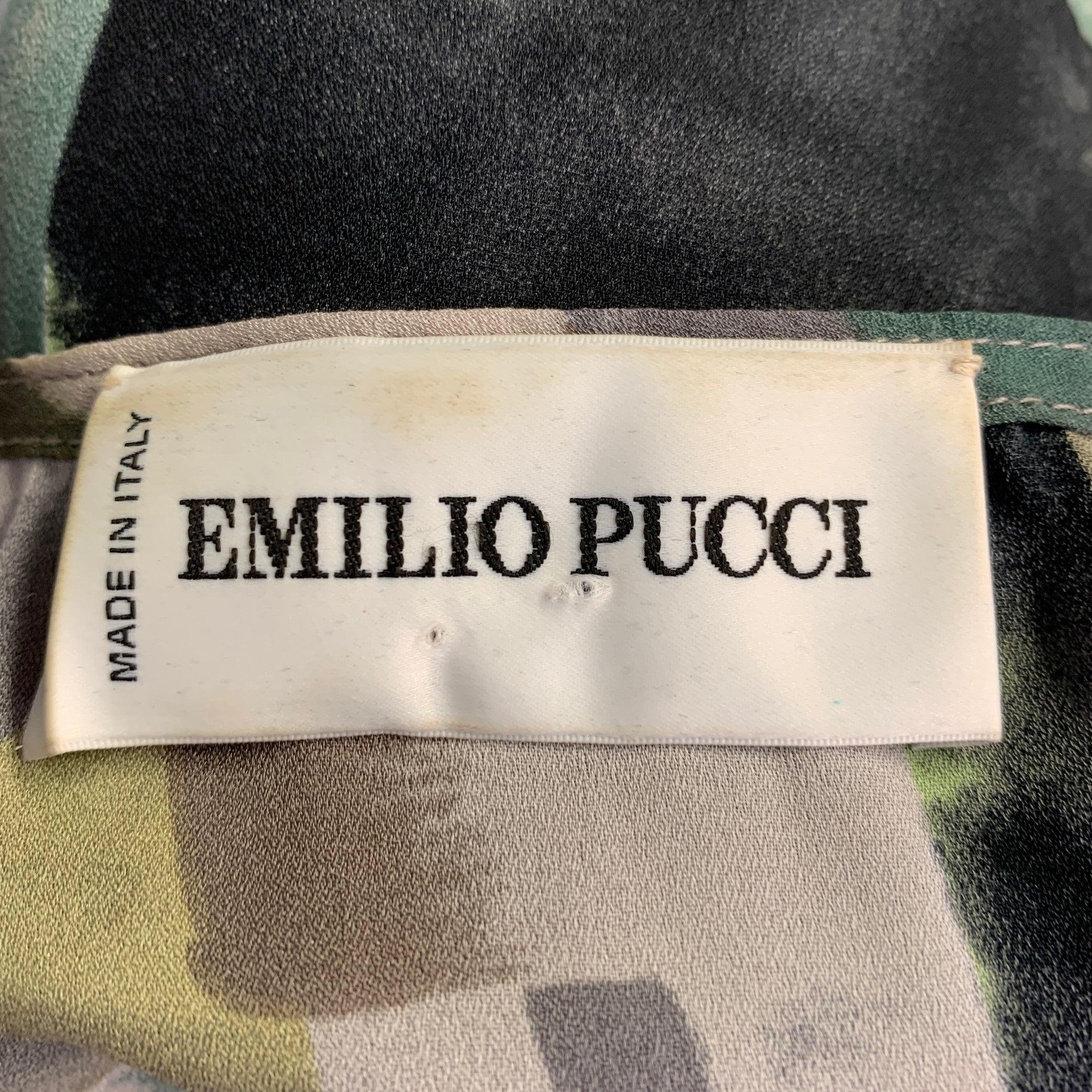 EMILIO PUCCI Talla L Verde Negro Seda Gráfico Lentejuelas Blusa Puños en Excelente estado para la venta en San Francisco, CA