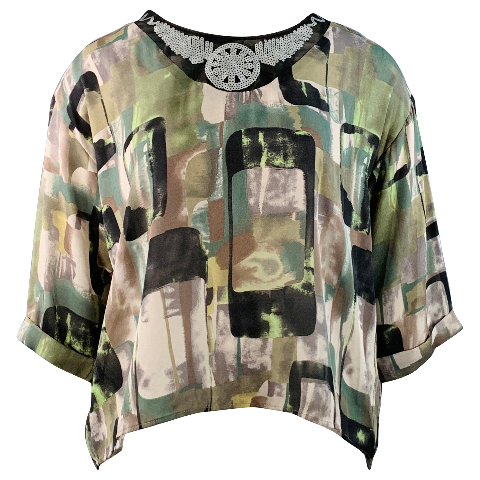 EMILIO PUCCI Talla L Verde Negro Seda Gráfico Lentejuelas Blusa Puños