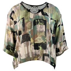EMILIO PUCCI Talla L Verde Negro Seda Gráfico Lentejuelas Blusa Puños