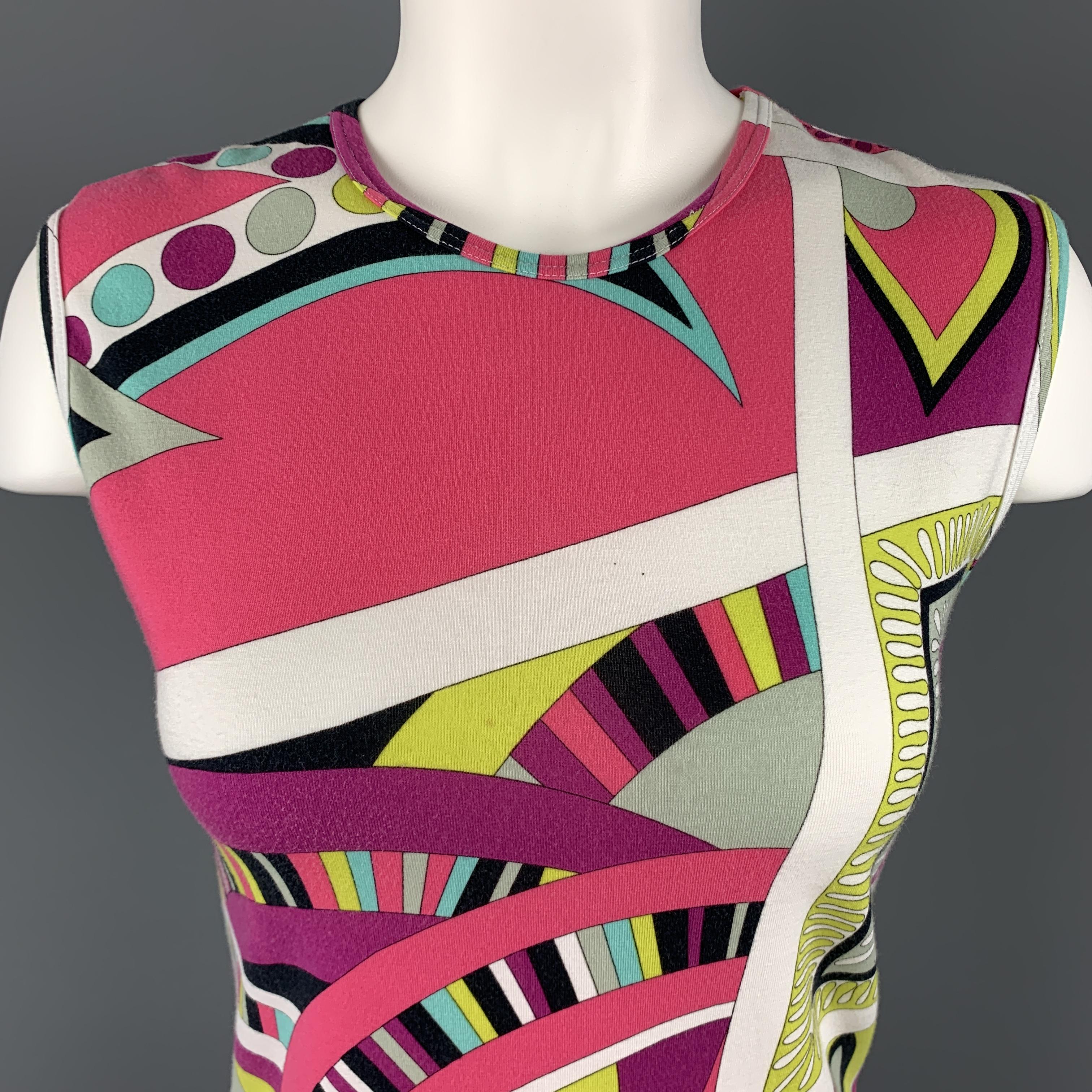 Vintage EMILIO PUCCI tank top comes in white jersey with an all over multi color print throughout. Minor Wear. Tag Removed. As-is.

Good Pre-Owned Condition.
Marked: (no tag)

Measurements:

Shoulder: 15 in.
Bust: 33 in.
Length: 20 in.