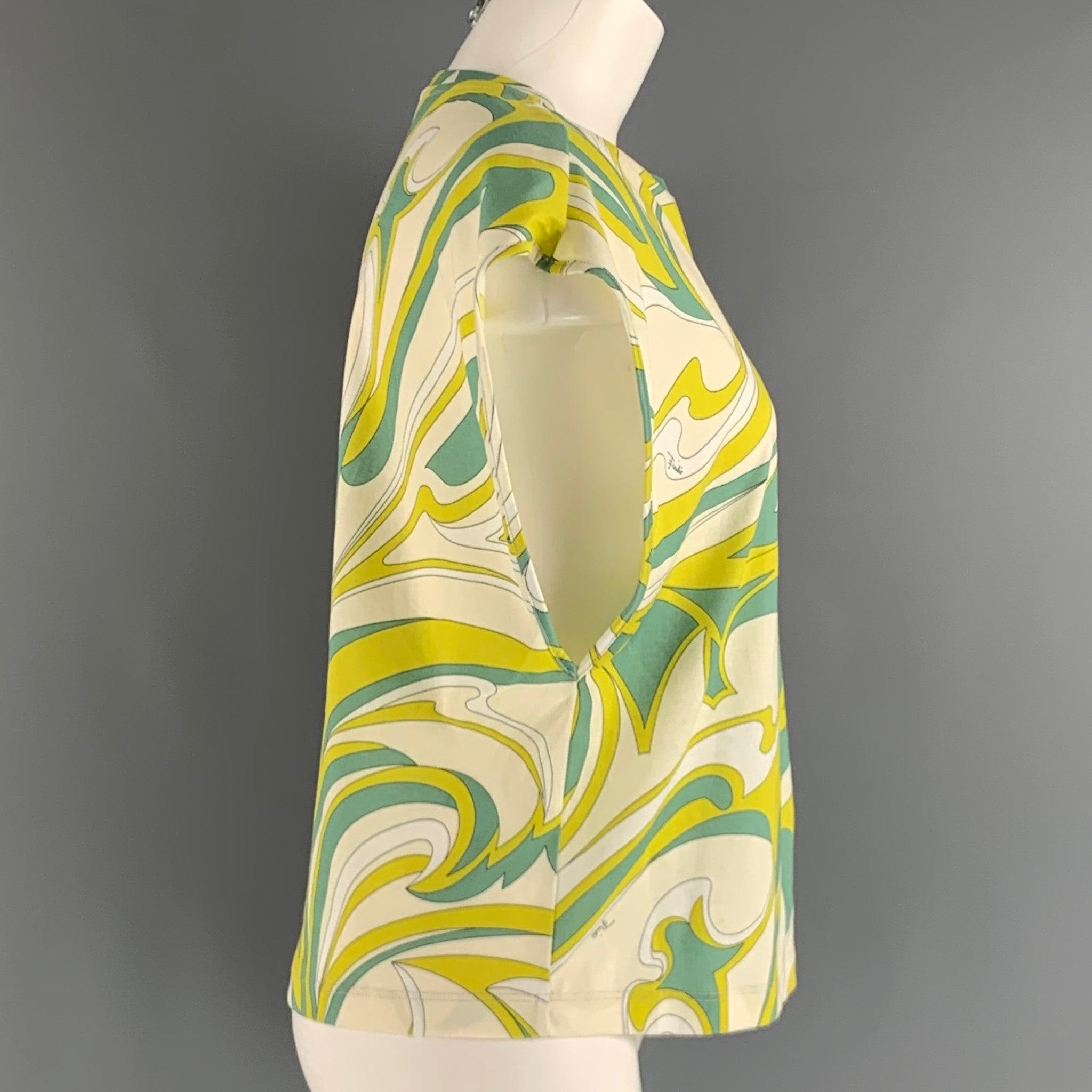 EMILIO PUCCI boxy casual top comes in a cream, green an yellow abstract print cotton blend knit material featuring a crew-neck. Made in Italy.Excellent Pre-Owned Condition. 

Marked:   S 

Measurements: 
 
Shoulder: 16.5 inches Chest: 40 inches