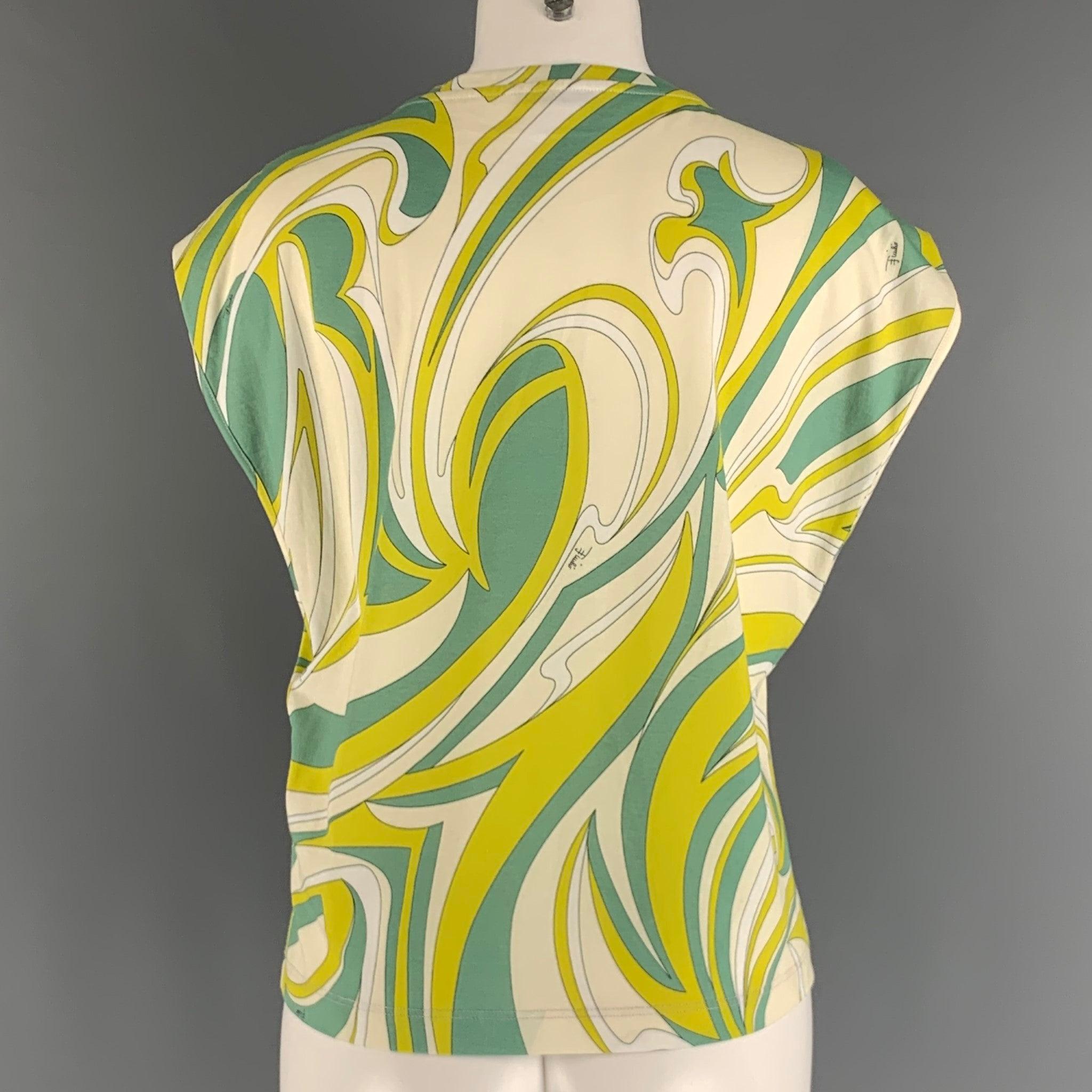 EMILIO PUCCI Size S Cream Green Cotton Abstract Sleeveless Casual Top In Excellent Condition For Sale In San Francisco, CA