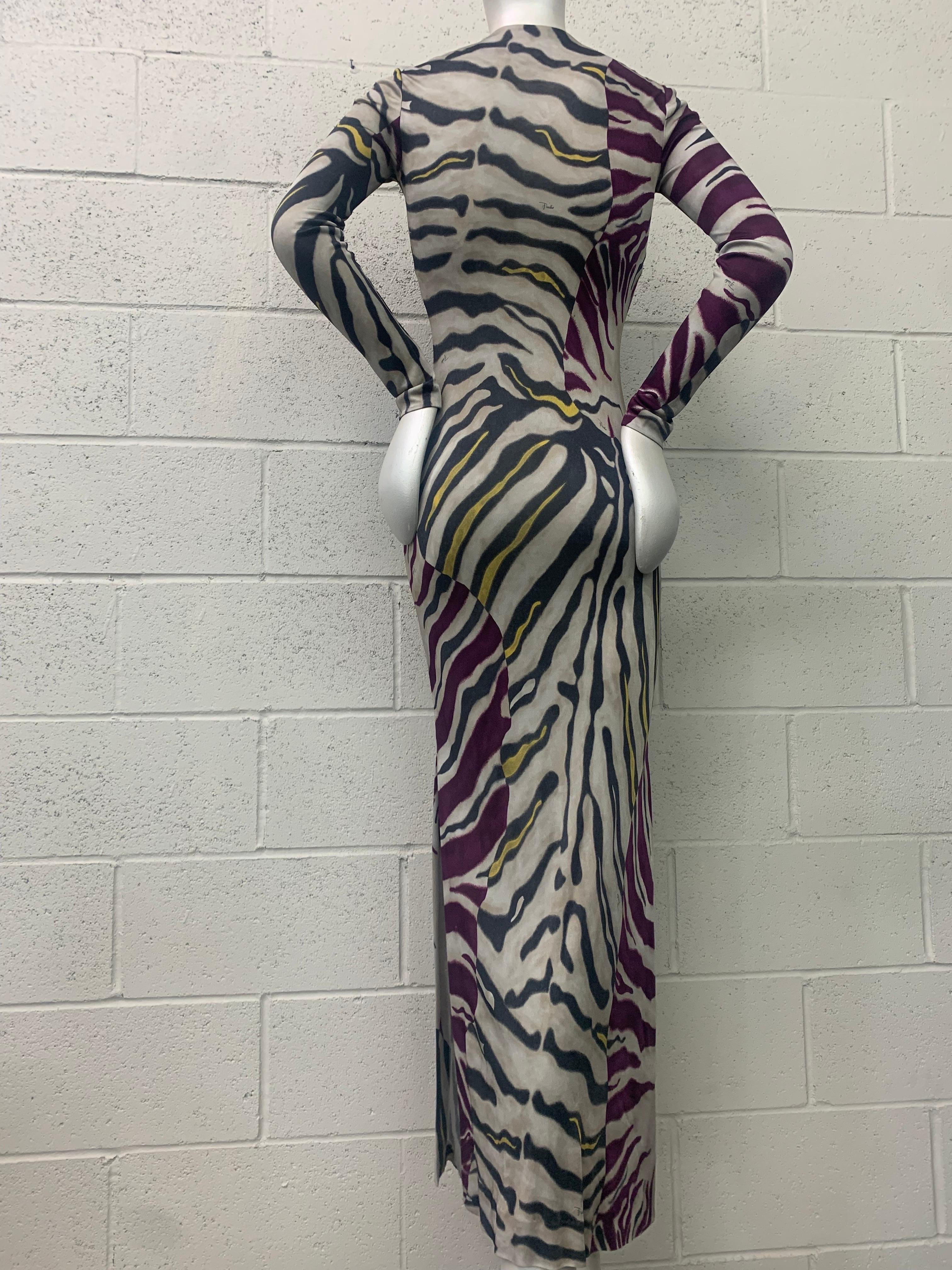 Emilio Pucci Stylized Zebra-Print Body-Conscious Beaded Maxi Dress in Rayon Knit:  Long-sleeved with a high side slit this exotic number is beaded in a cloverleaf design at neckline.  Hook and eye at center front neckline is the only closure--slips
