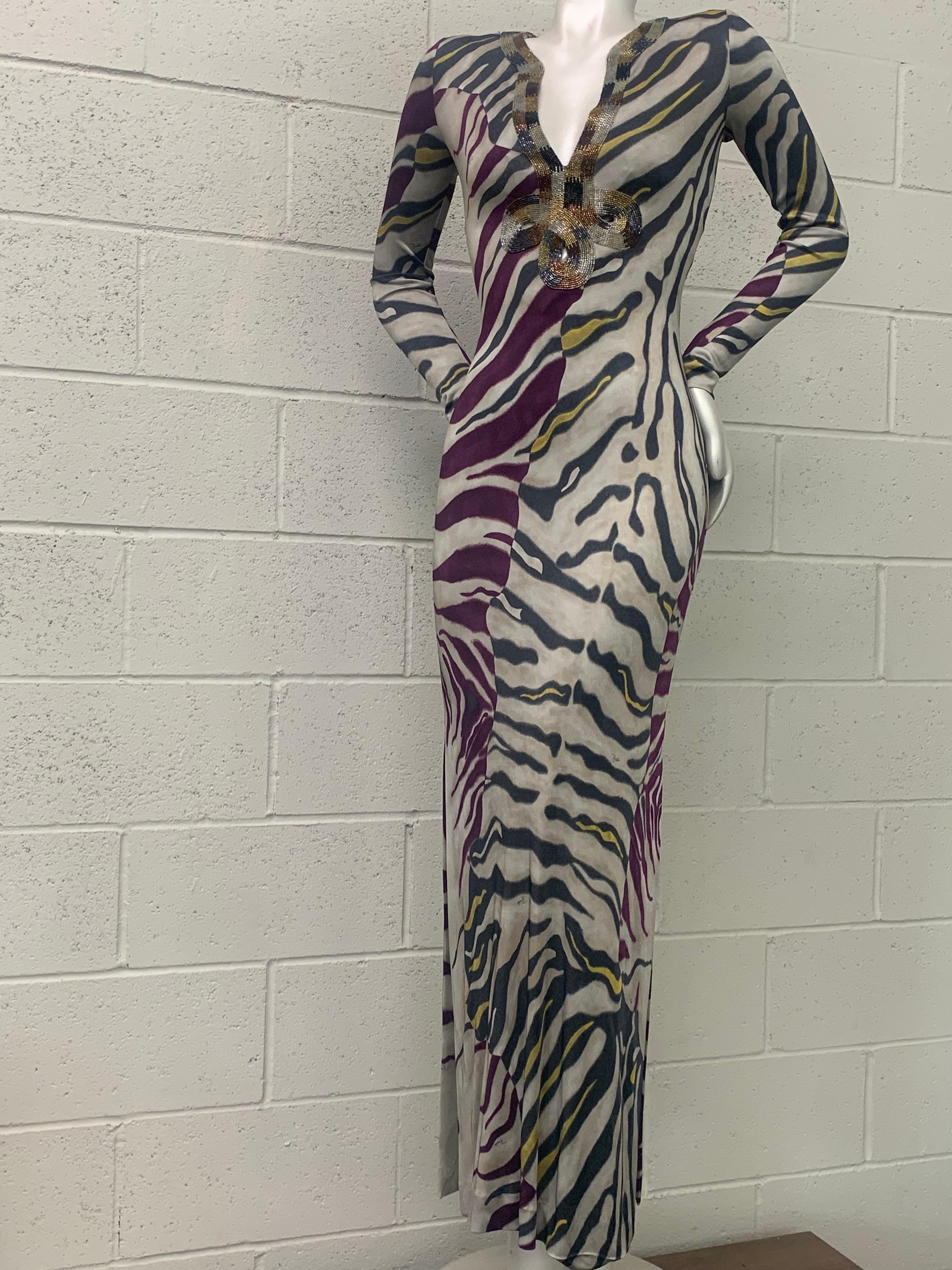 Black Emilio Pucci Stylized Zebra-Print Body-Conscious Beaded Maxi Dress in Rayon Knit For Sale