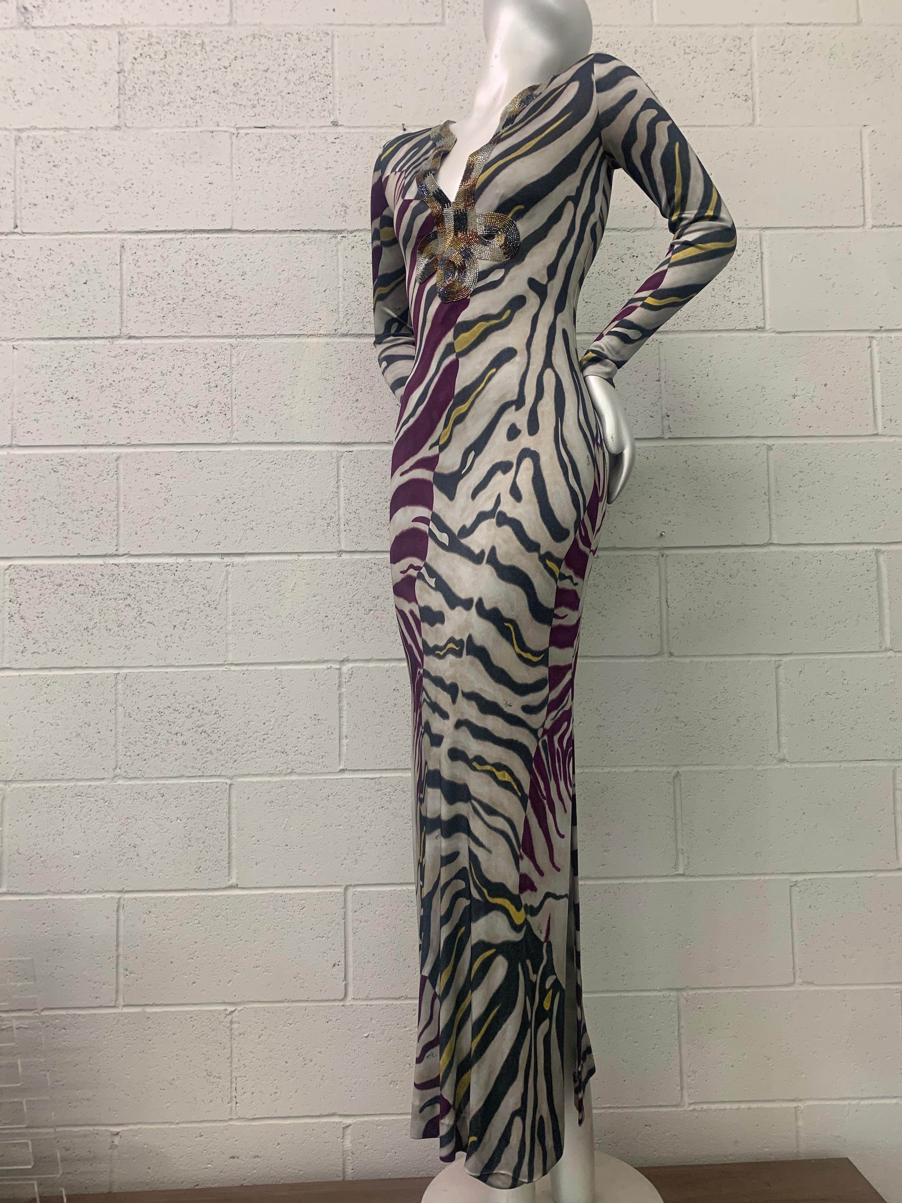 Emilio Pucci Stylized Zebra-Print Body-Conscious Beaded Maxi Dress in Rayon Knit In Excellent Condition For Sale In Gresham, OR