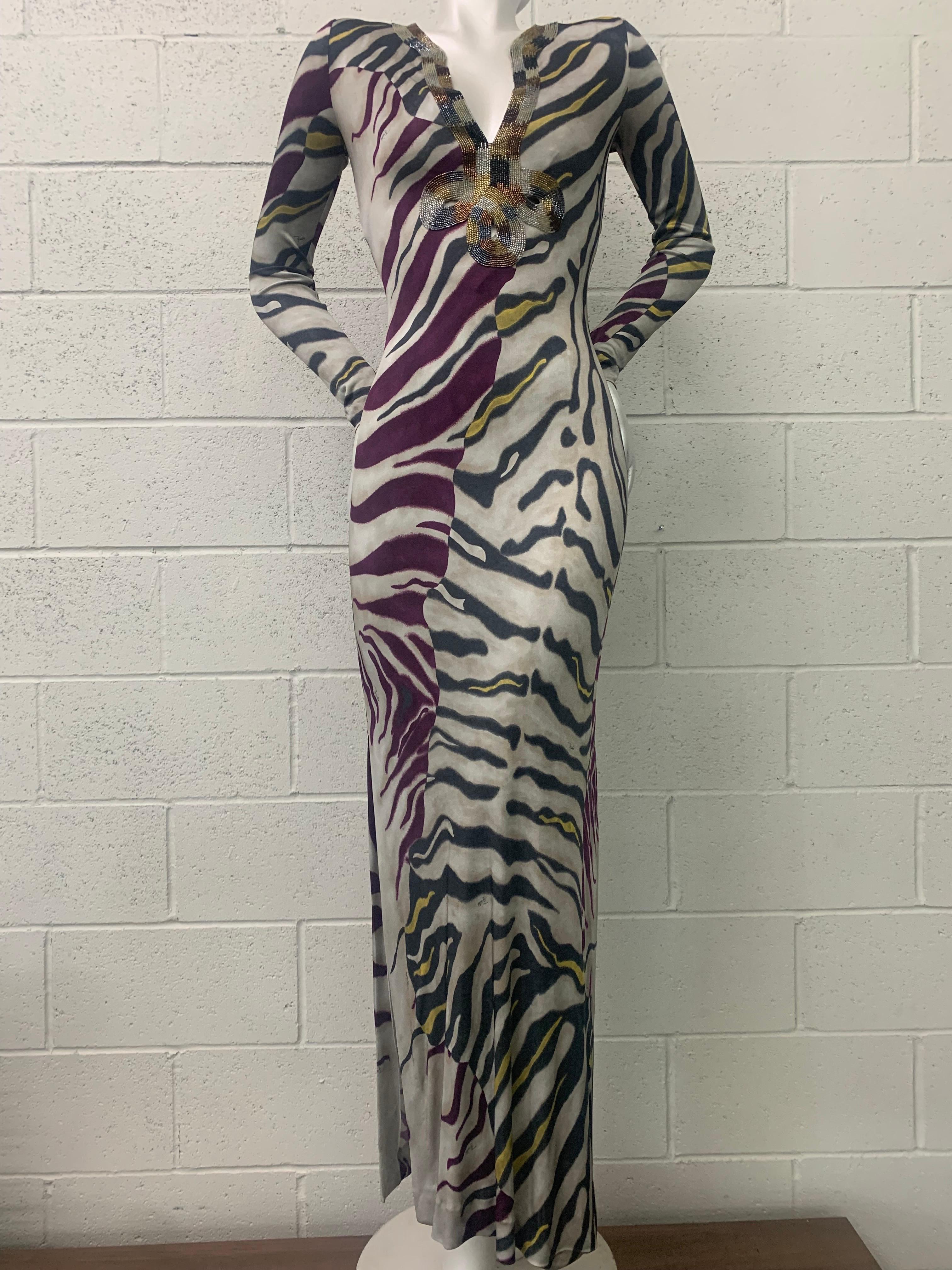 Emilio Pucci Stylized Zebra-Print Body-Conscious Beaded Maxi Dress in Rayon Knit For Sale 2