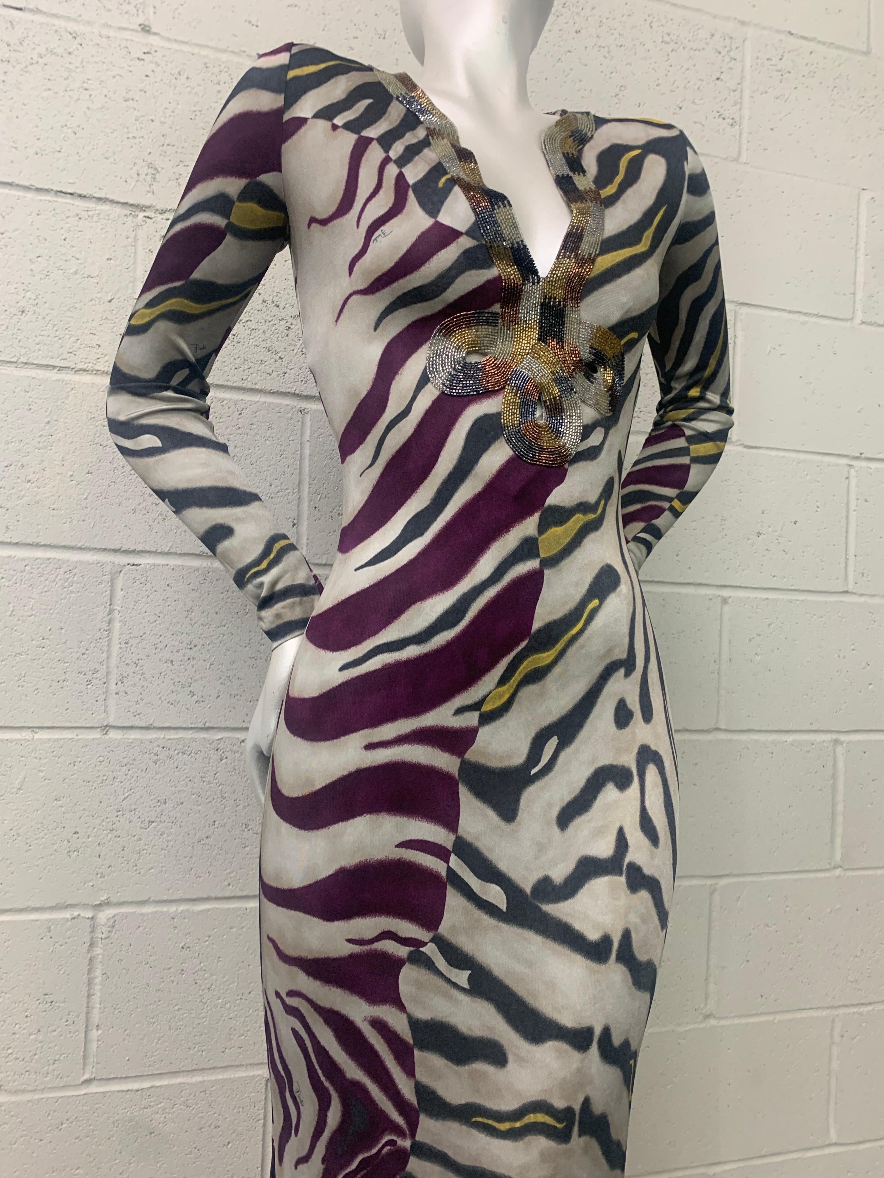 Emilio Pucci Stylized Zebra-Print Body-Conscious Beaded Maxi Dress in Rayon Knit For Sale 3