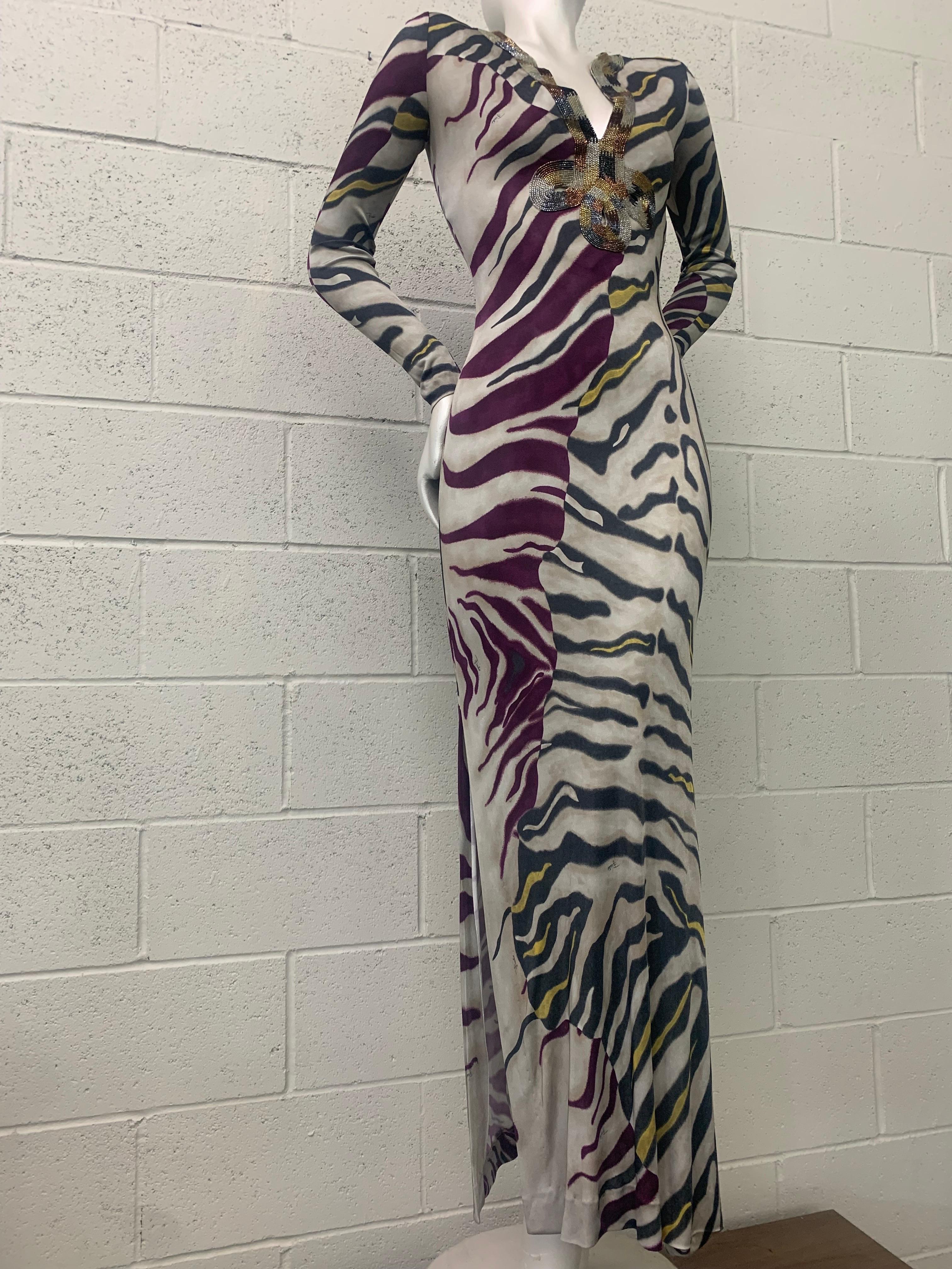 Emilio Pucci Stylized Zebra-Print Body-Conscious Beaded Maxi Dress in Rayon Knit For Sale 4