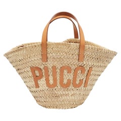 Emilio Pucci Borsa a cesto piccola con logo in rafia e pelle, colore marrone/naturale