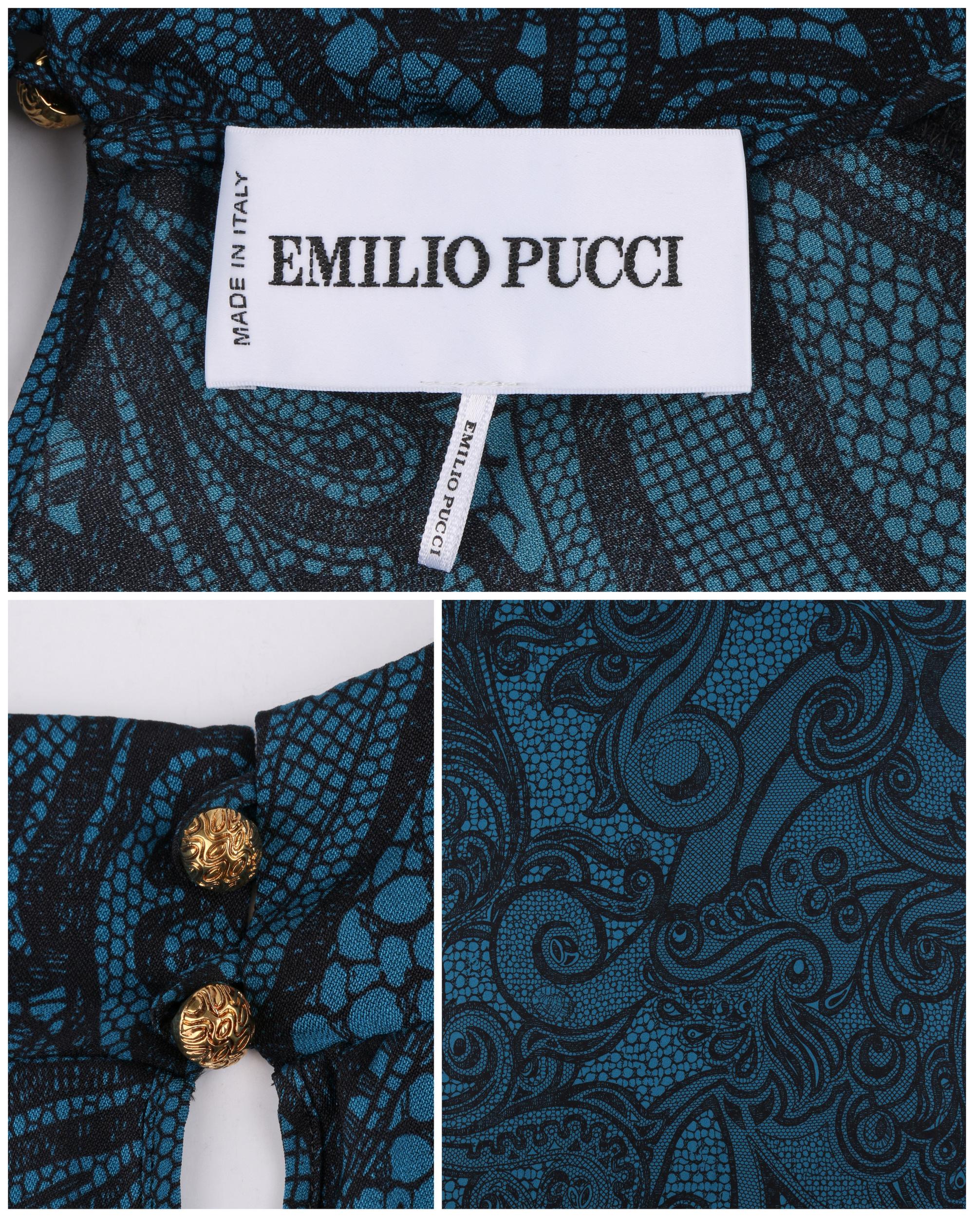 EMILIO PUCCI Teal Black Lace Print Sleeveless Silk Wrap Style Blouse Scarf Belt For Sale 4