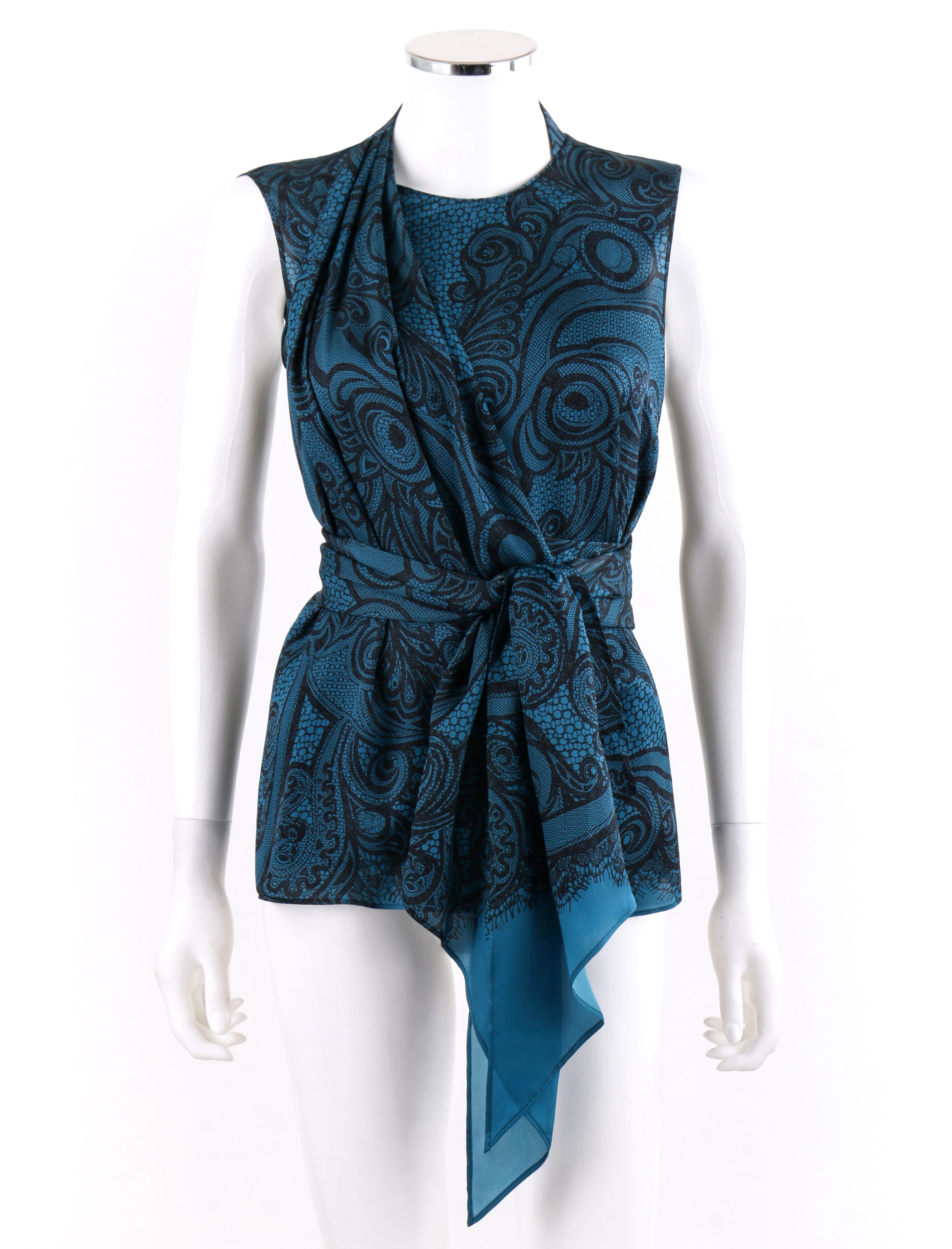 EMILIO PUCCI Teal Black Lace Print Sleeveless Silk Wrap Style Blouse Scarf Belt
  
Brand / Manufacturer: Emilio Pucci
Style: Asymmetric sleeveless ruched top (wrap look)
Color(s): Shades of blue/teal and black
Lined: No
Unmarked Fabric Content (feel
