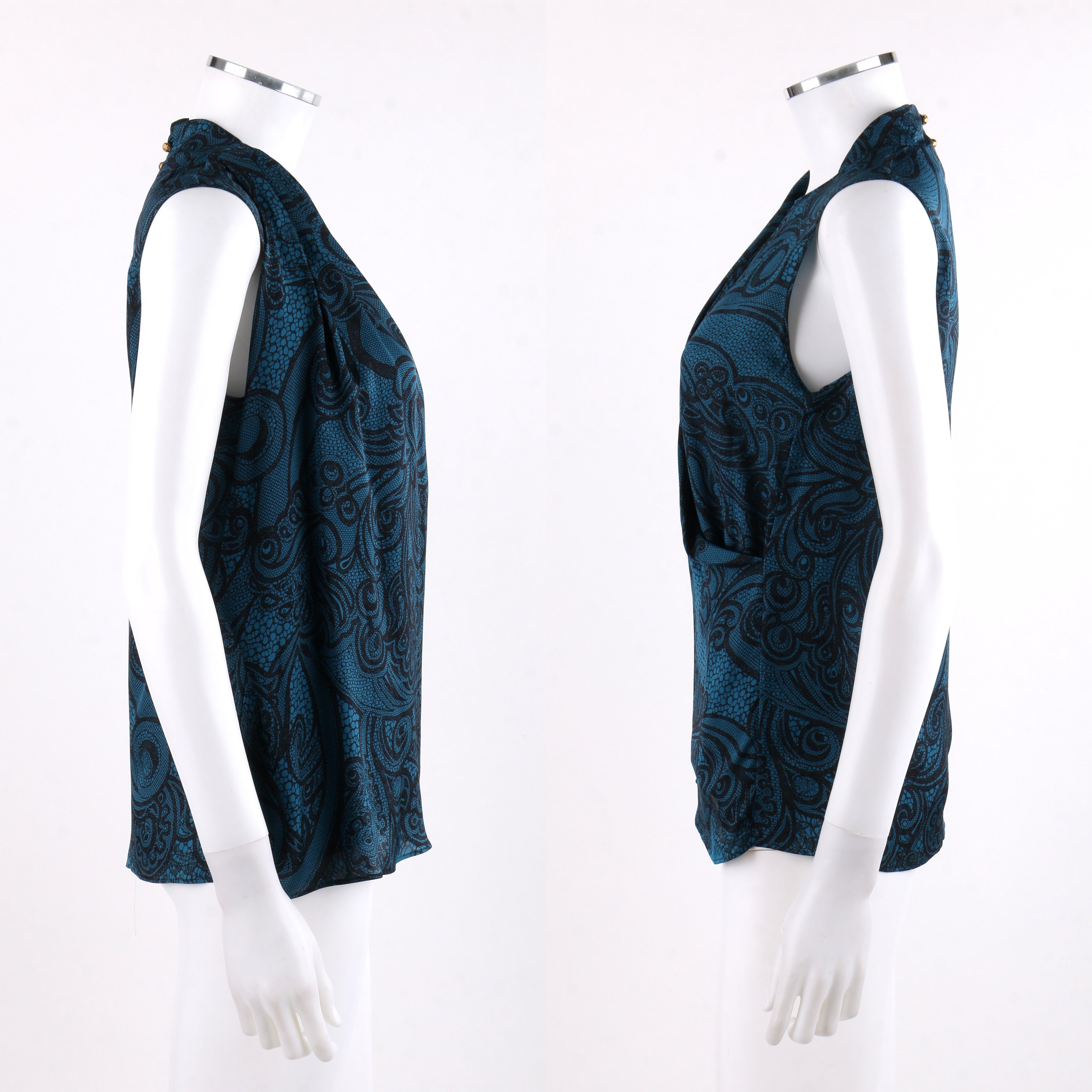 EMILIO PUCCI Teal Black Lace Print Sleeveless Silk Wrap Style Blouse Scarf Belt In Good Condition For Sale In Thiensville, WI