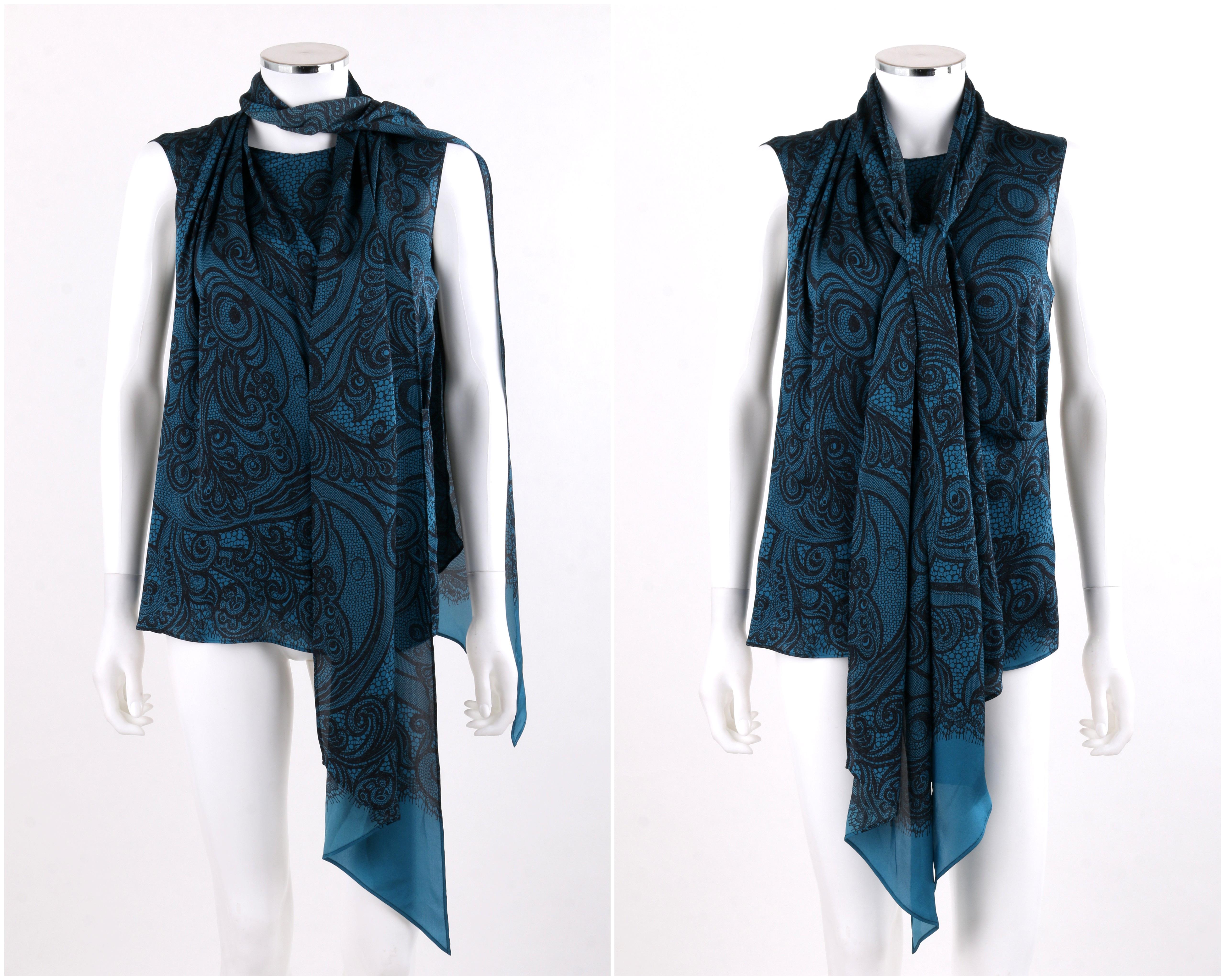 Women's EMILIO PUCCI Teal Black Lace Print Sleeveless Silk Wrap Style Blouse Scarf Belt For Sale