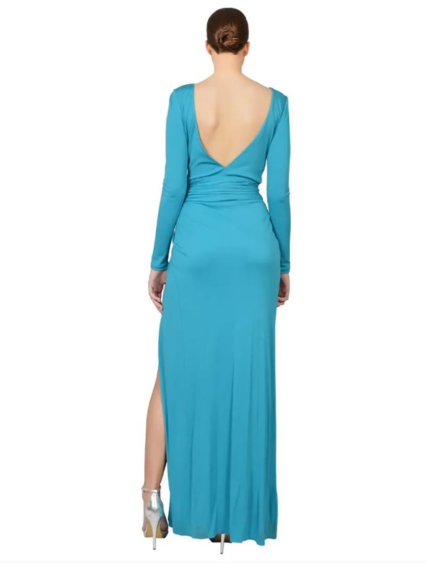 EMILIO PUCCI TEAL BLUE LONG DRESS with BROOCH It 40 In New Condition In Montgomery, TX