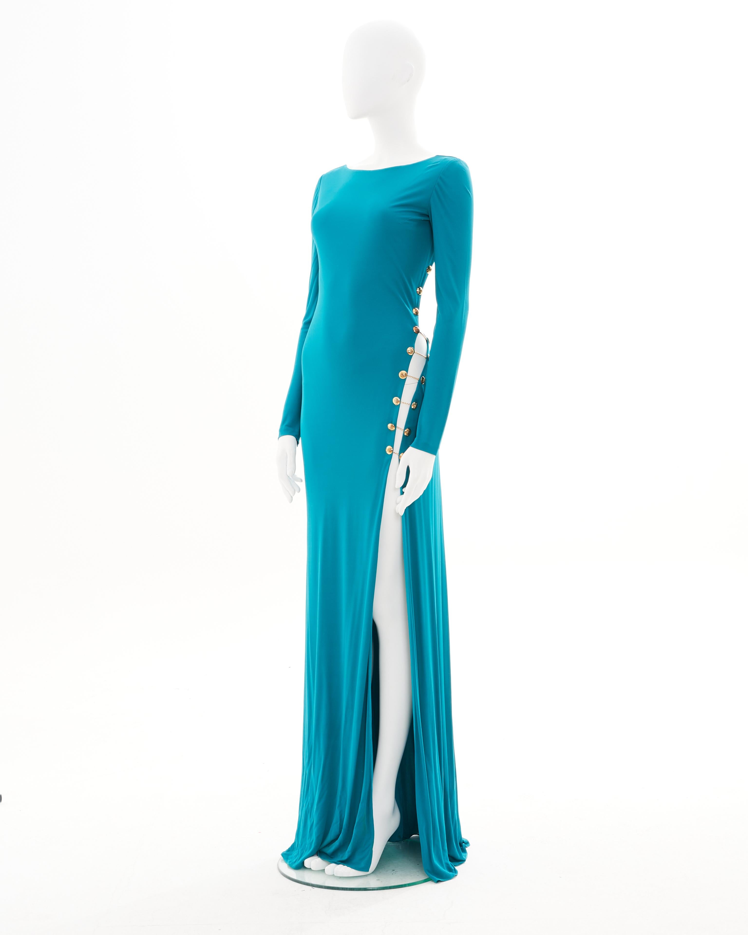 Blue Emilio Pucci Teal Evening Dress With Gold Embellishment For Sale