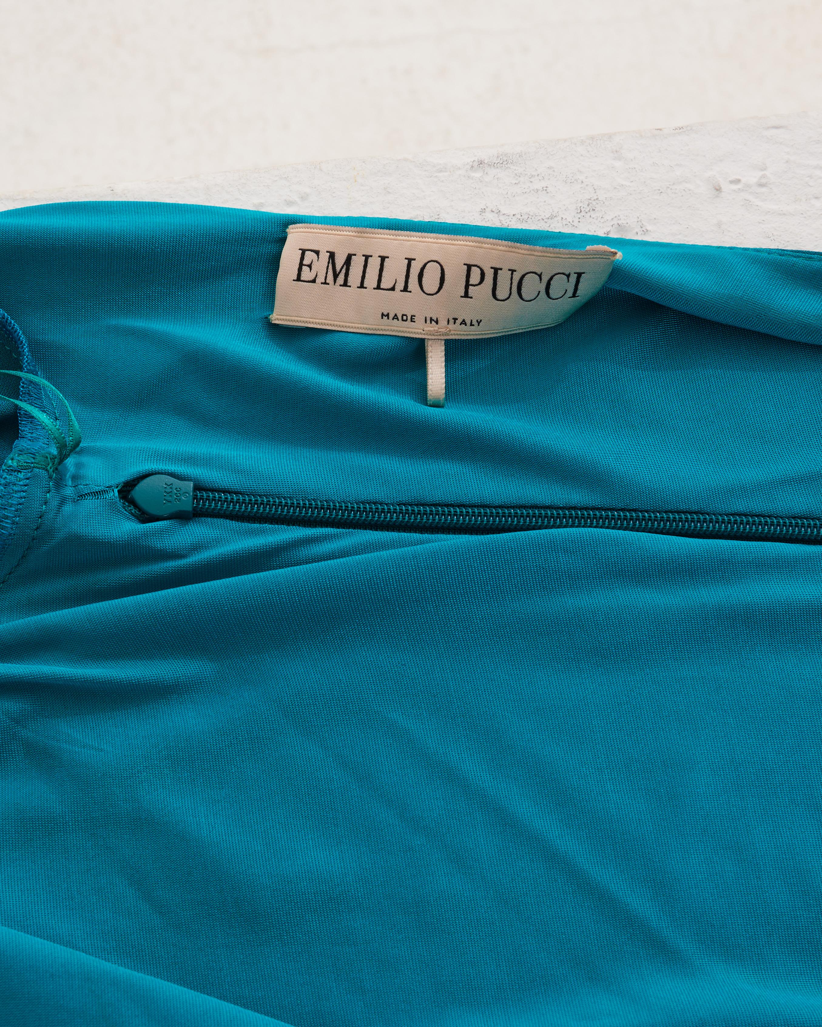 Emilio Pucci Teal Evening Dress With Gold Embellishment For Sale 3