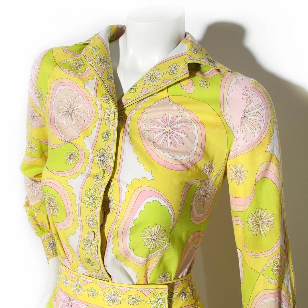 Emilio Pucci Three Piece Skirt Suit 
Vintage 
Circa late 1960's
Made in Italy 
Yellow, lime green, pink, beige and white pattern 
Classic 1960's Pucci print with starburst pattern
Fitted blazer jacket
Jacket has notched collar 
Jacket has opalescent