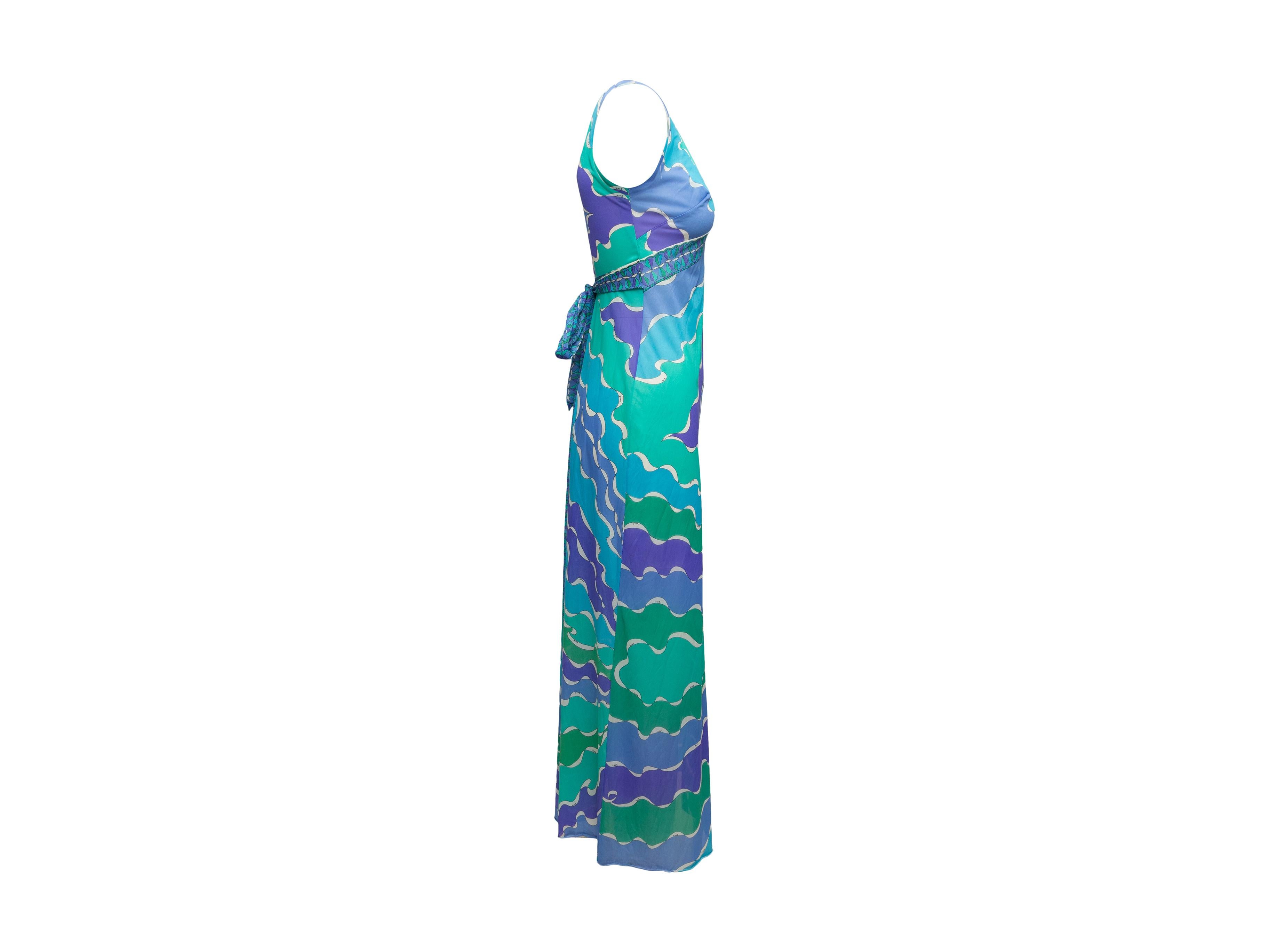 Product details: Vintage turquoise, green and purple sleeveless nightgown by Emilio Pucci. Abstract print throughout. Tie accent at back waist. 34