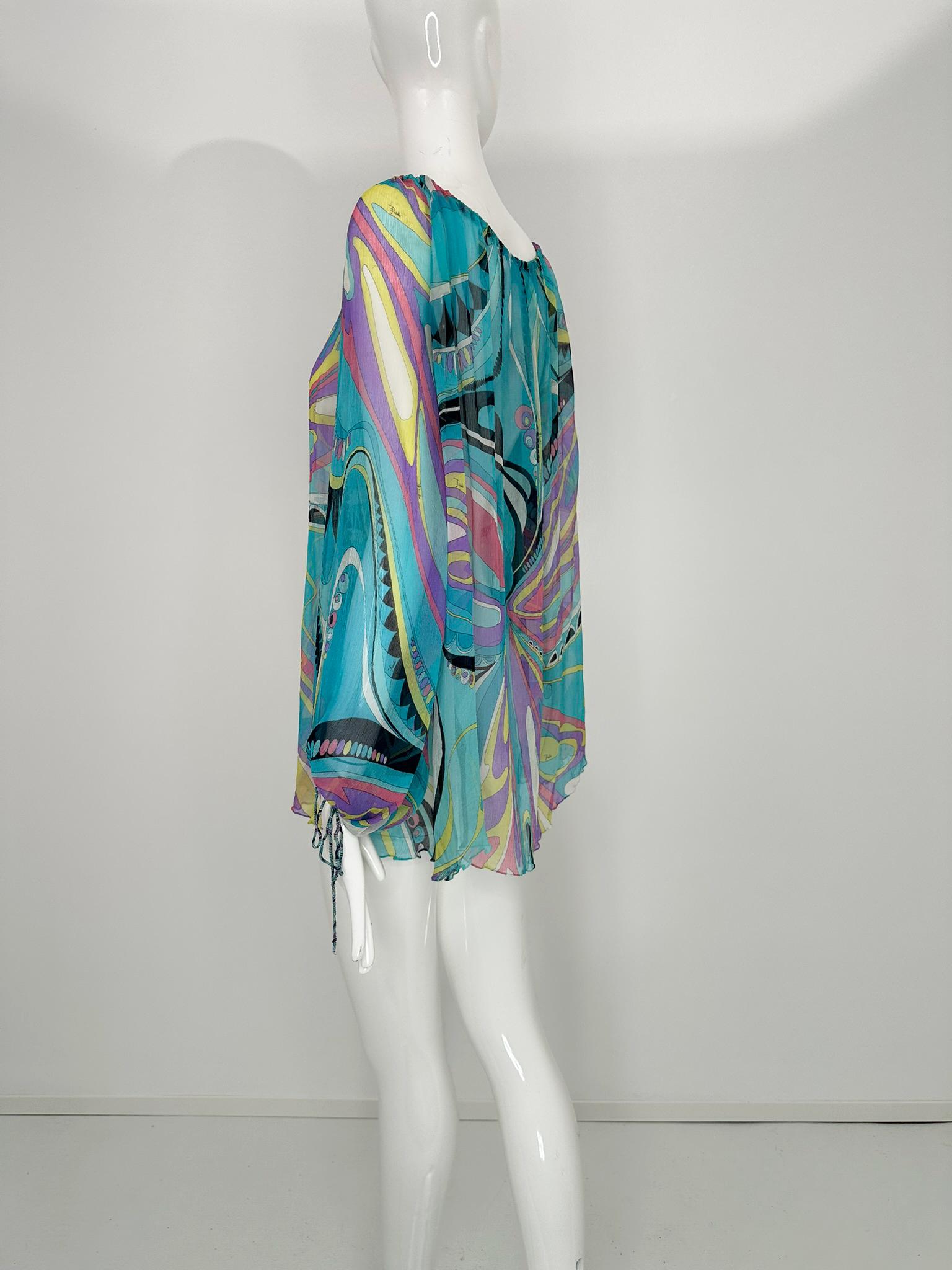 Emilio Pucci Turquoise Print Sheer Silk Chiffon Drawstring Peasant Blouse 6 For Sale 5