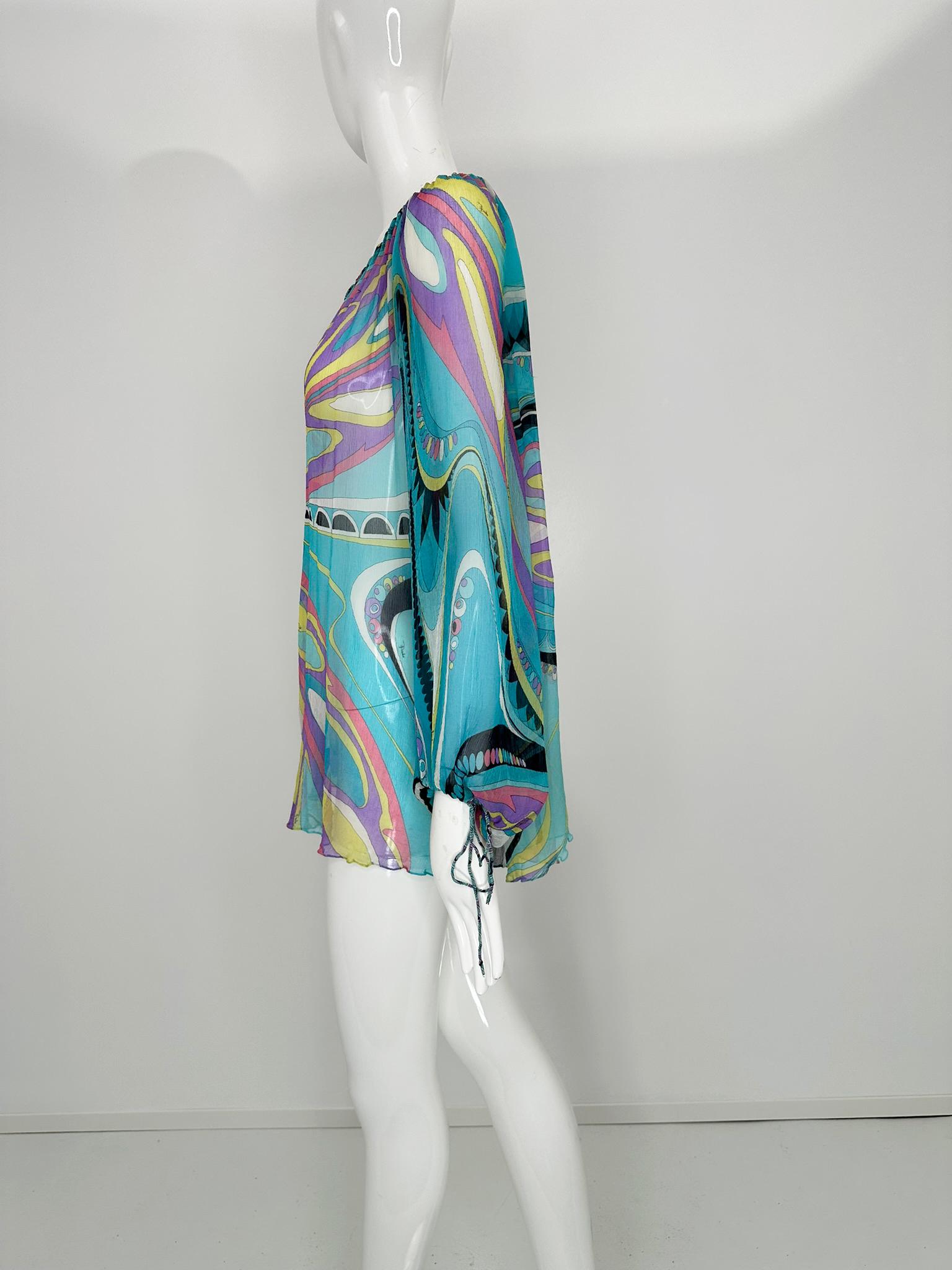 Emilio Pucci Turquoise Print Sheer Silk Chiffon Drawstring Peasant Blouse 6 For Sale 6