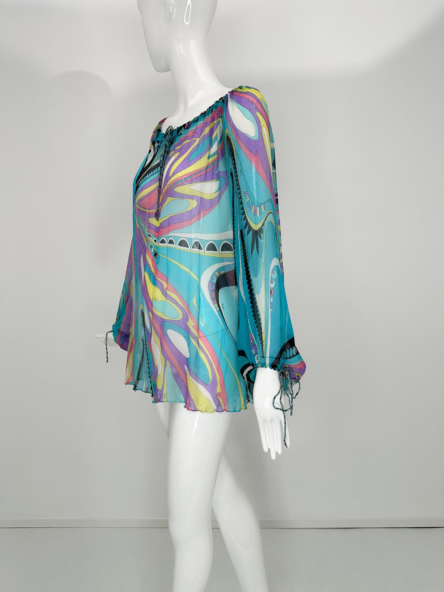 Emilio Pucci Turquoise Print Sheer Silk Chiffon Drawstring Peasant Blouse 6 For Sale 7