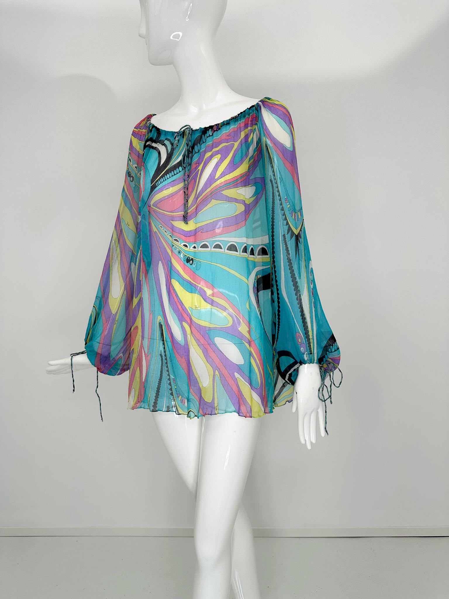 Emilio Pucci Turquoise Print Sheer Silk Chiffon Drawstring Peasant Blouse 6 For Sale 8