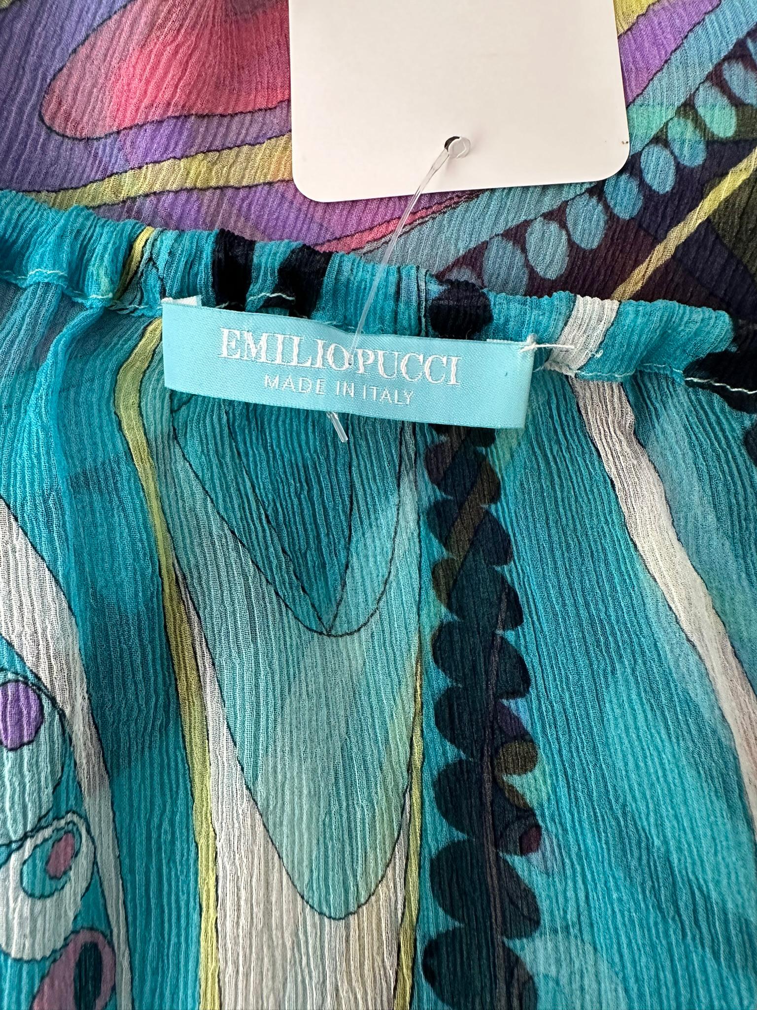 Emilio Pucci Turquoise Print Sheer Silk Chiffon Drawstring Peasant Blouse 6 For Sale 9