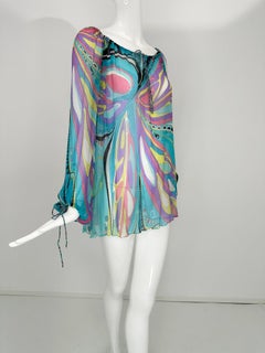 Emilio Pucci Turquoise Print Sheer Silk Chiffon Drawstring Peasant Blouse 6