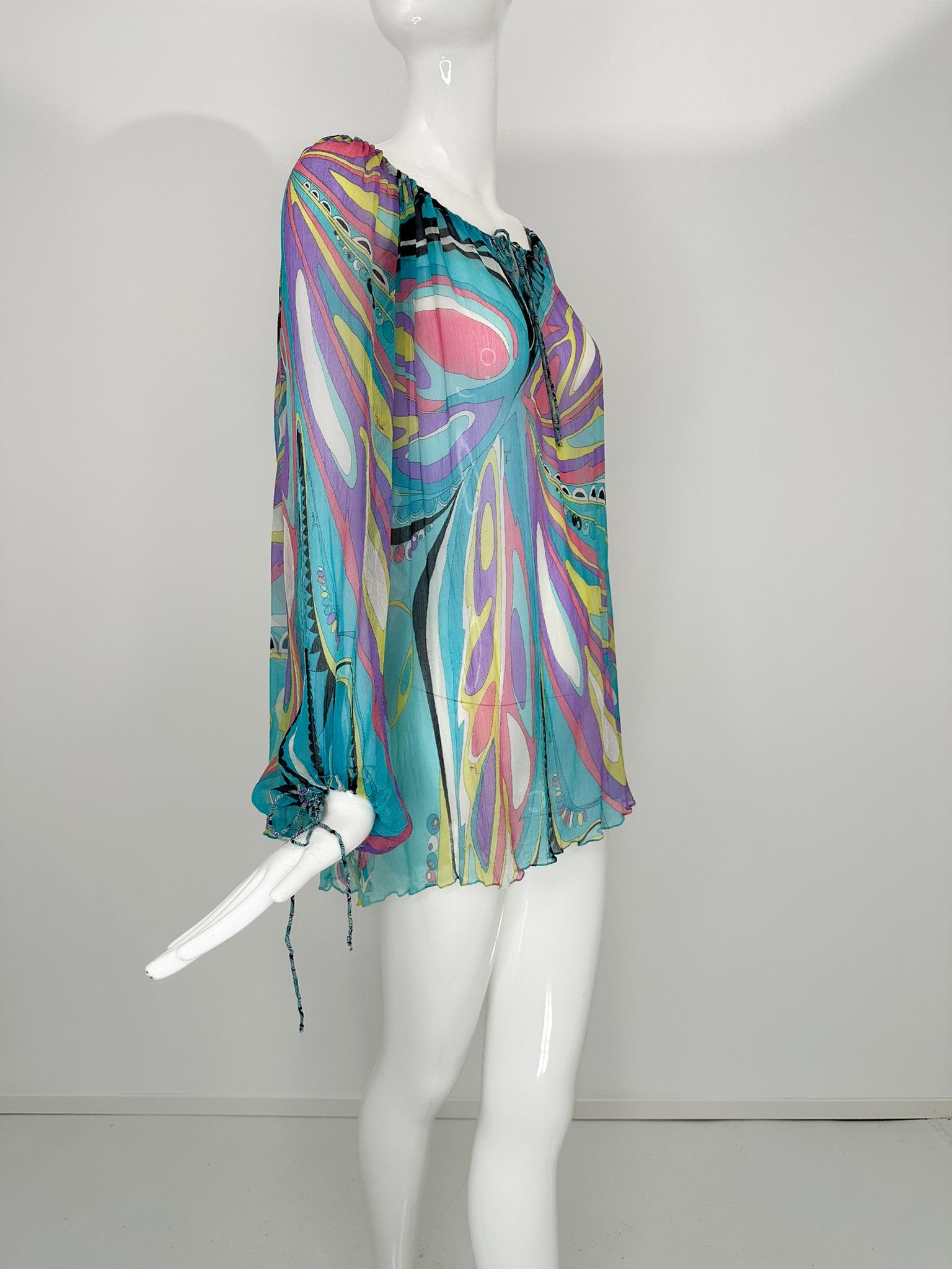 Gray Emilio Pucci Turquoise Print Sheer Silk Chiffon Drawstring Peasant Blouse 6 For Sale