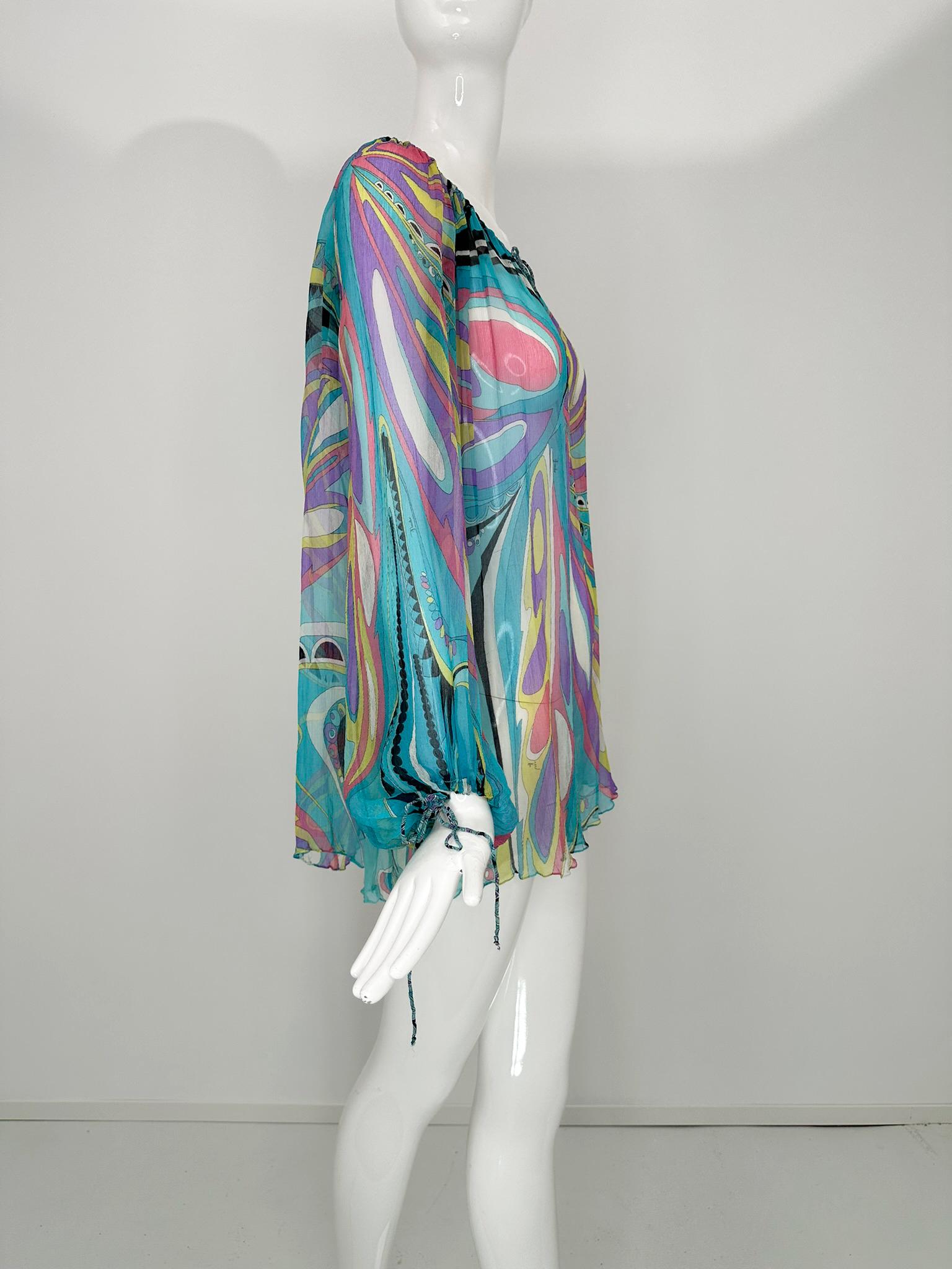 Emilio Pucci Turquoise Print Sheer Silk Chiffon Drawstring Peasant Blouse 6 In Good Condition For Sale In West Palm Beach, FL