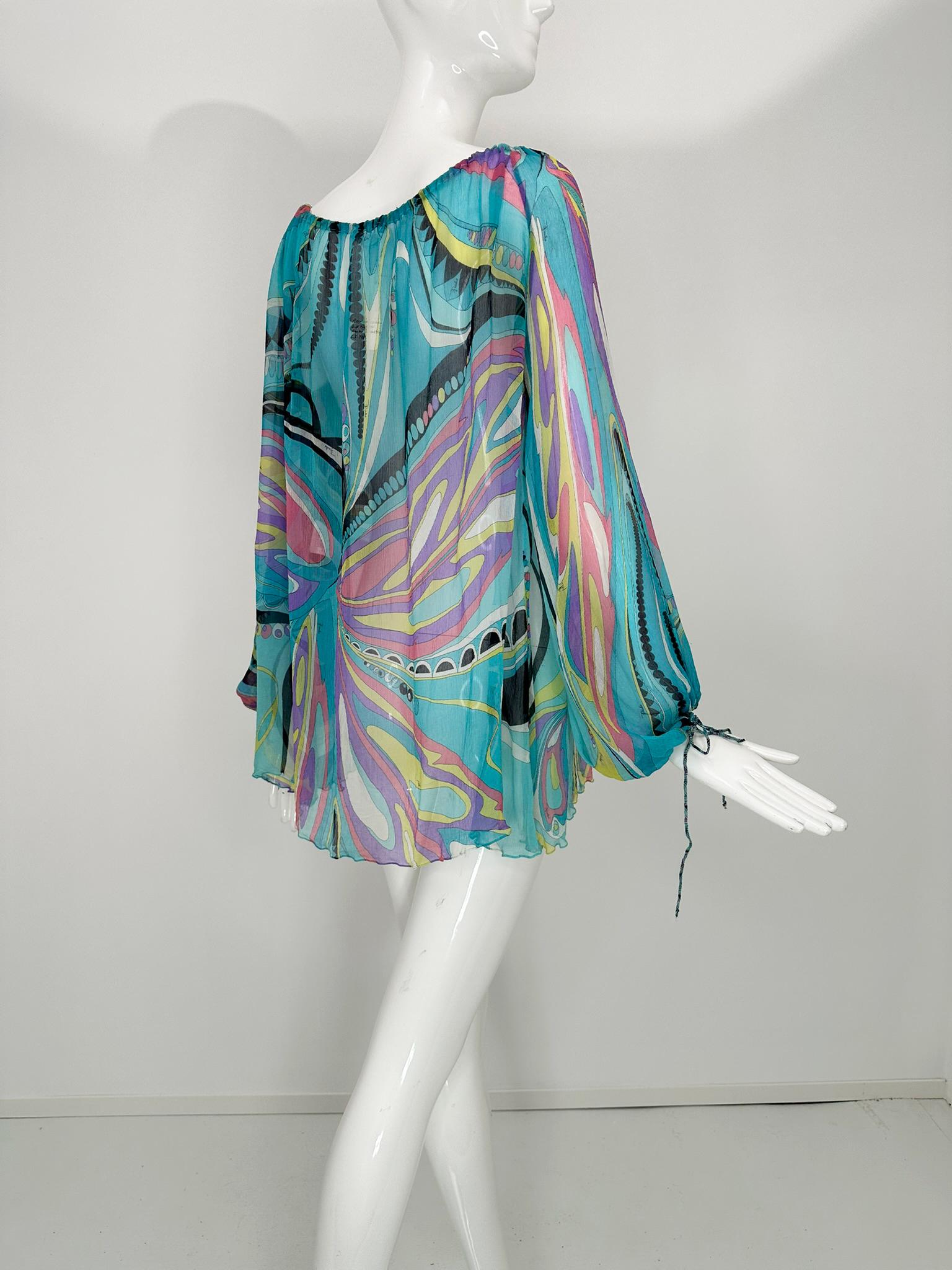 Emilio Pucci Turquoise Print Sheer Silk Chiffon Drawstring Peasant Blouse 6 For Sale 1