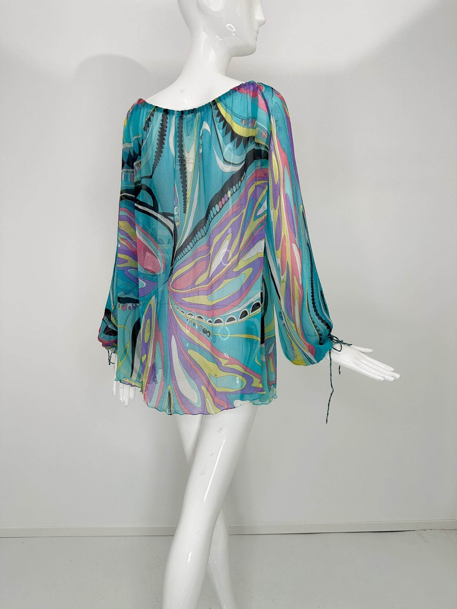 Emilio Pucci Turquoise Print Sheer Silk Chiffon Drawstring Peasant Blouse 6 For Sale 2