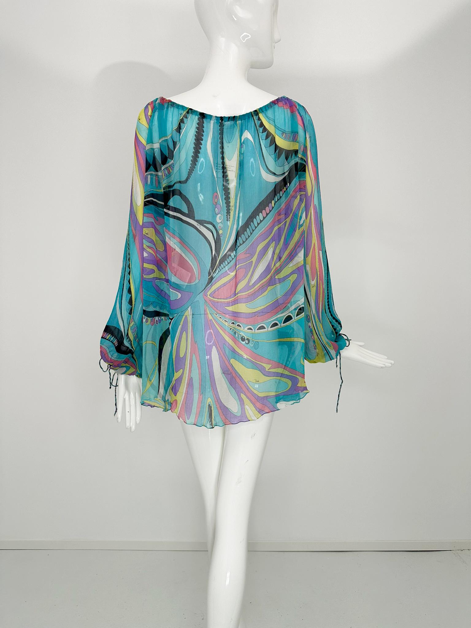 Emilio Pucci Turquoise Print Sheer Silk Chiffon Drawstring Peasant Blouse 6 For Sale 3