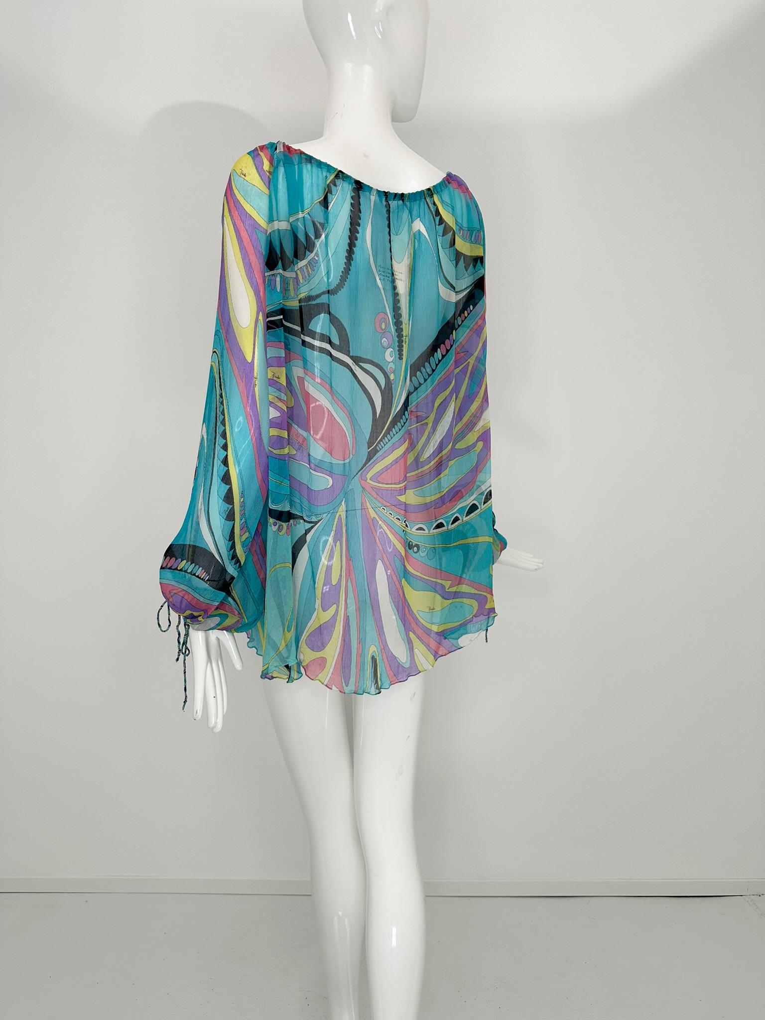 Emilio Pucci Turquoise Print Sheer Silk Chiffon Drawstring Peasant Blouse 6 For Sale 4
