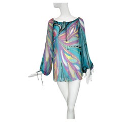Emilio Pucci Blusa campesina de gasa de seda transparente con estampado turquesa 6