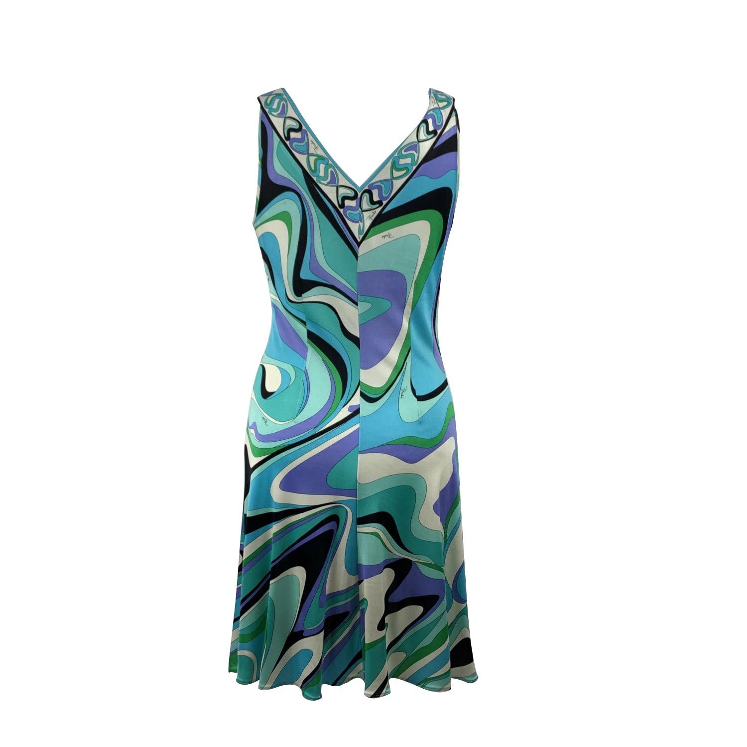 Blue Emilio Pucci Turquoise Printed Silk Jersey Sleeveless Dress Size 42 IT