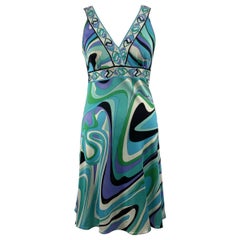 Emilio Pucci Turquoise Printed Silk Jersey Sleeveless Dress Size 42 IT