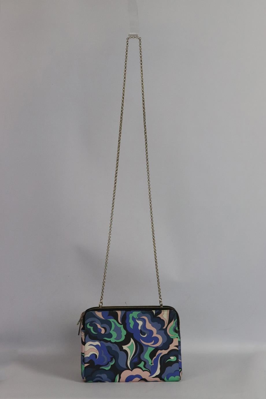 Emilio Pucci two in one printed textured leather shoulder bag. Made multicoloured textured leather with the brand’s iconic print and signature, there are two detachable pouches that can be carried seperately. Multicoloured. Zip fastening at top.