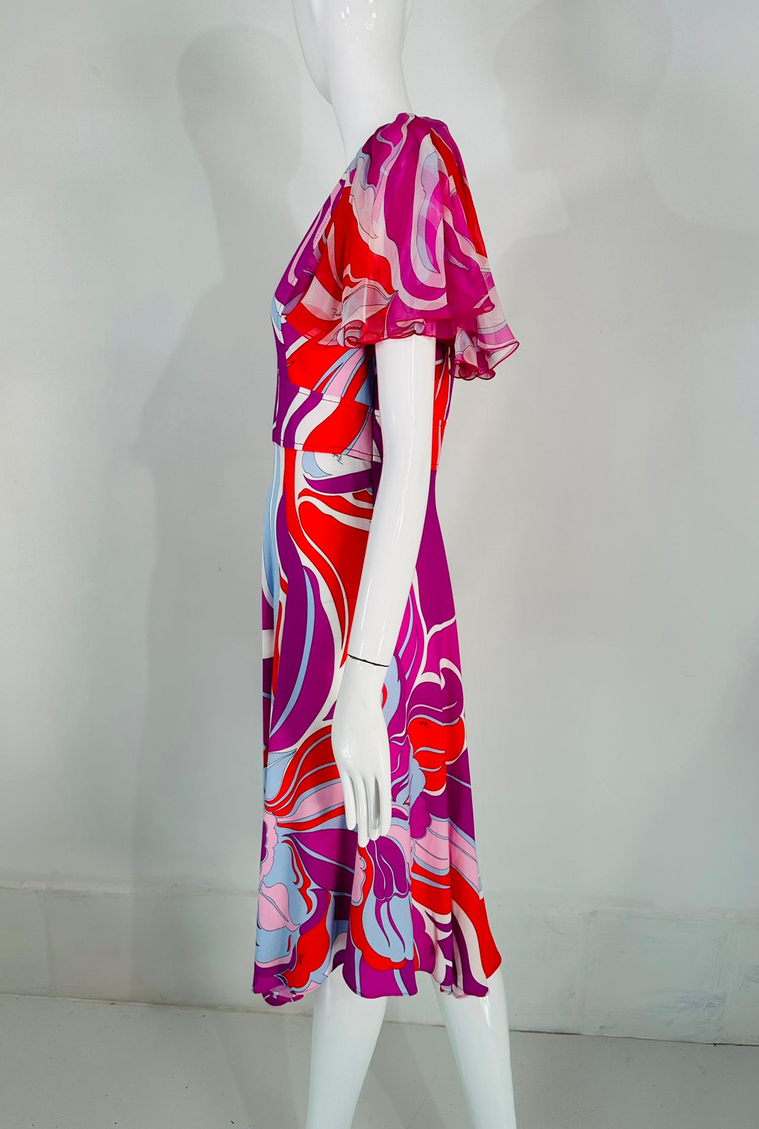 Emilio Pucci V Neck Ruffle Chiffon Sleeve Bias Cut Asymmetrical Hem Dress US 6 For Sale 6