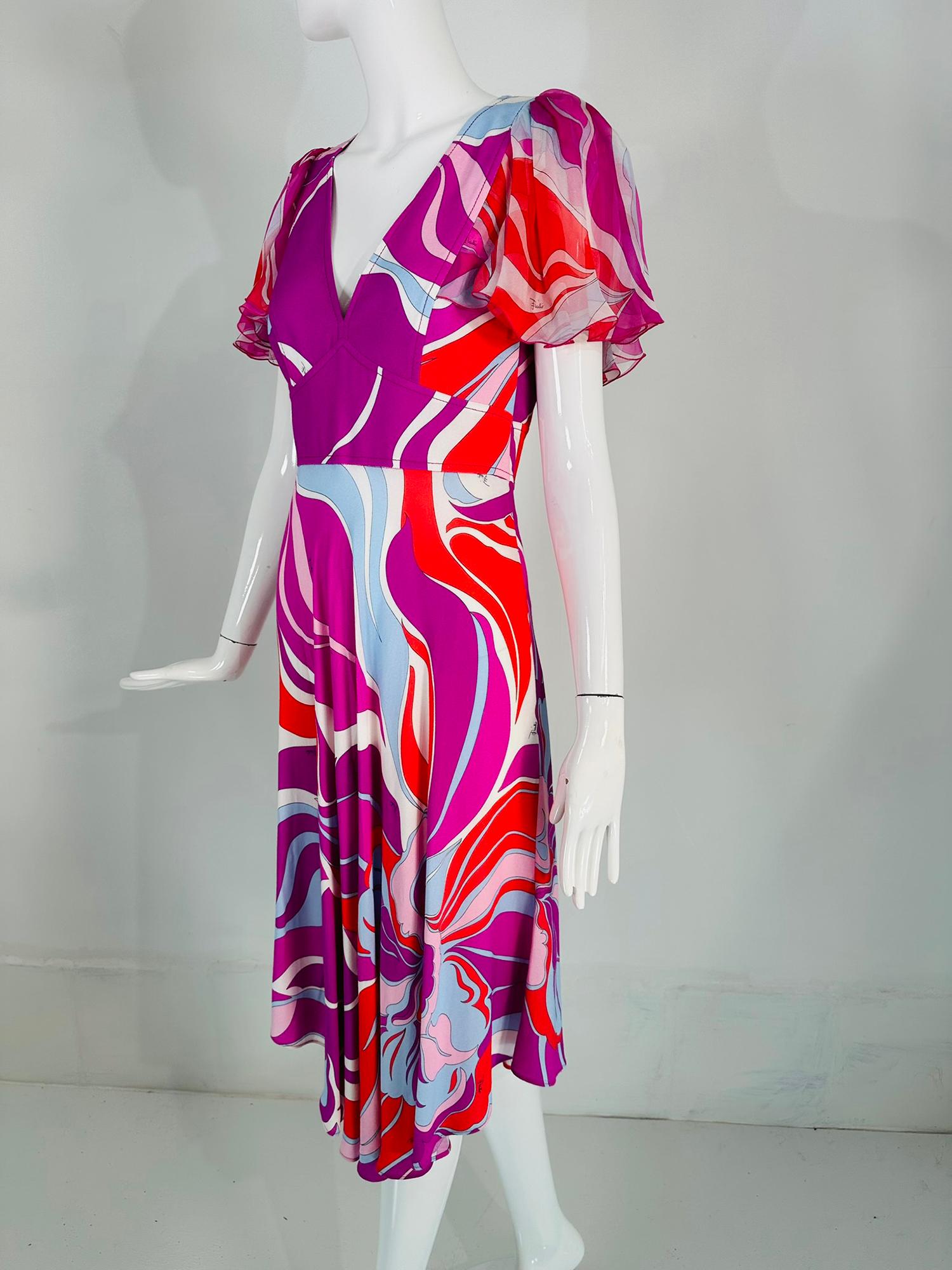 Emilio Pucci V Neck Ruffle Chiffon Sleeve Bias Cut Asymmetrical Hem Dress US 6 For Sale 7