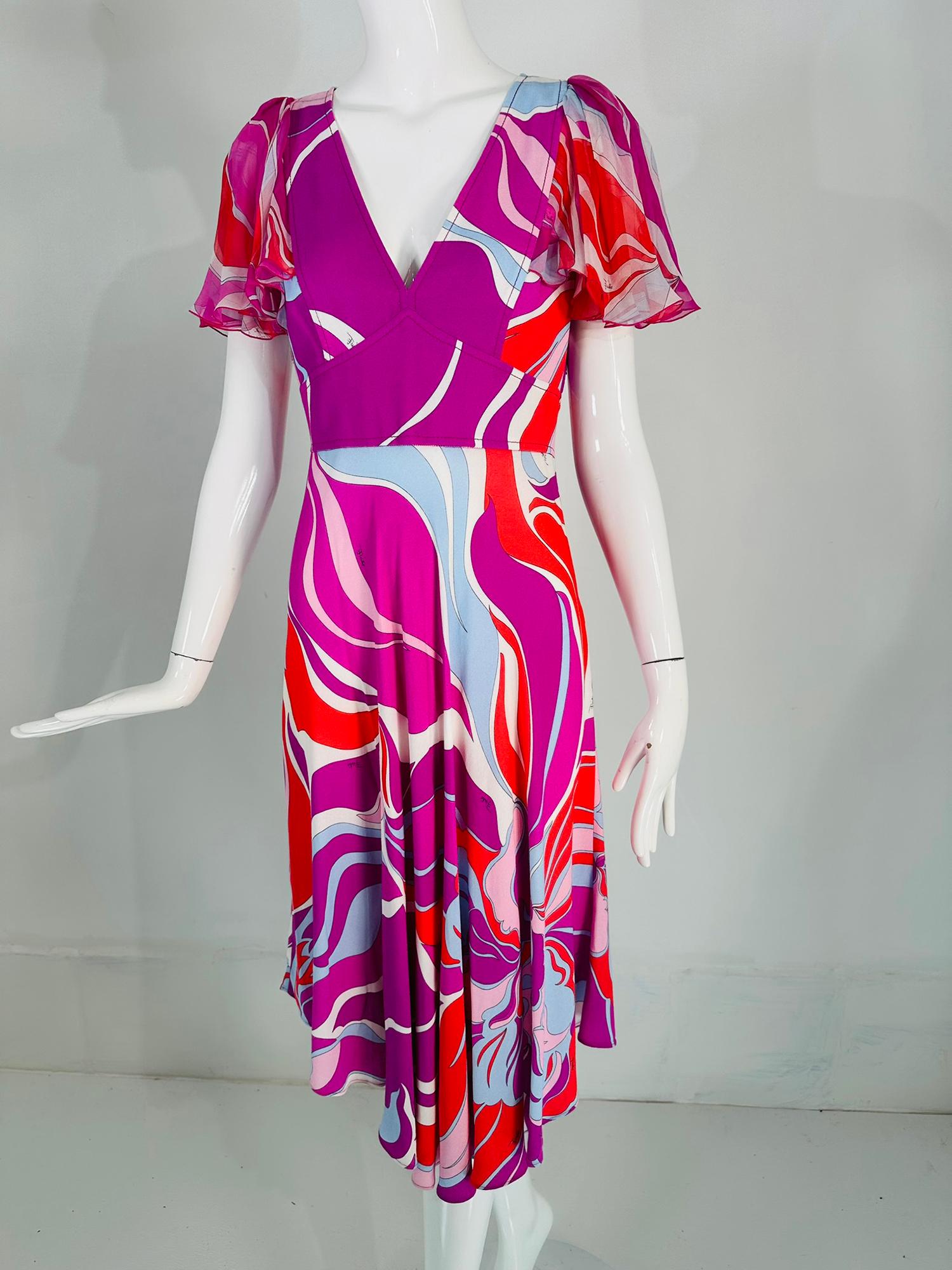 Emilio Pucci V Neck Ruffle Chiffon Sleeve Bias Cut Asymmetrical Hem Dress US 6 For Sale 9