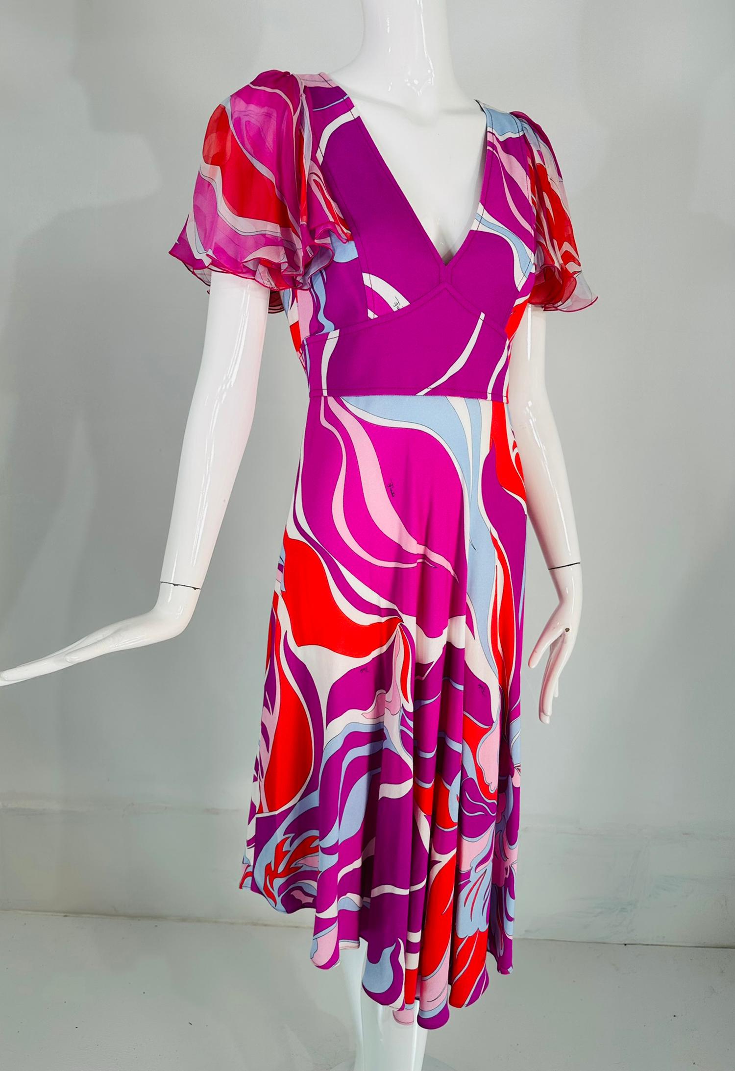 Emilio Pucci V neck ruffle chiffon sleeve bias cut asymmetrical hem skirt dress marked size 6US. Bright pink, orange, soft pin, pale blue & white dress with a fitted bodice and a bias cut skirt that dips at the hem front & back. Unlined. Marked size