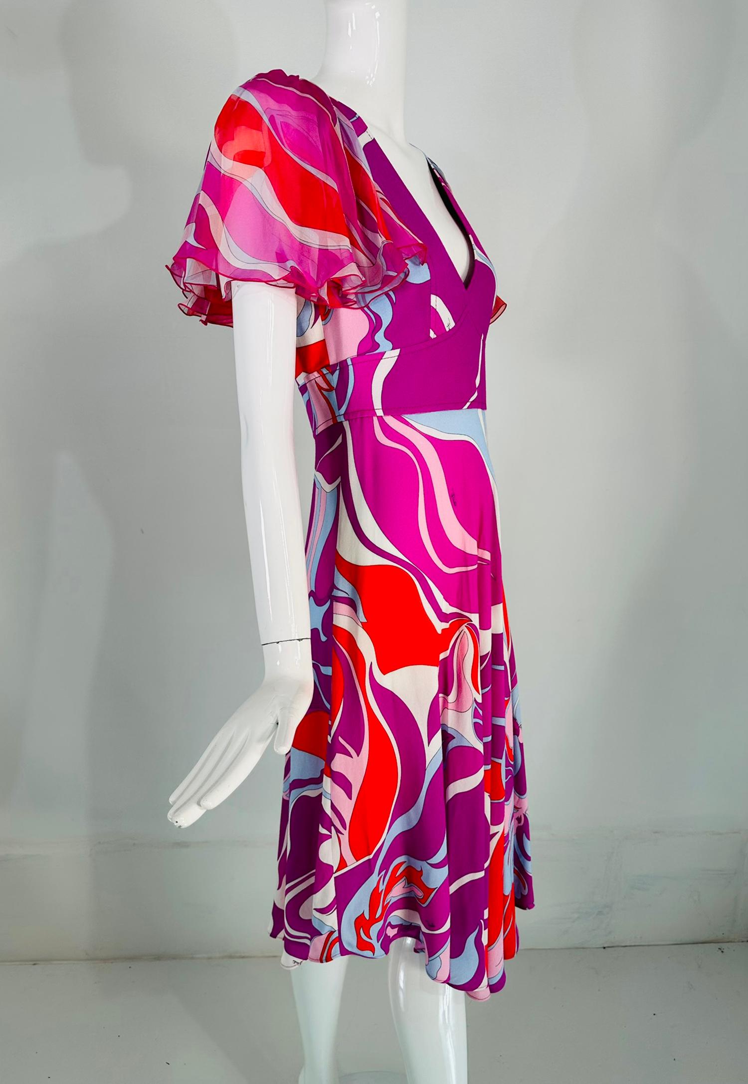 Emilio Pucci V Neck Ruffle Chiffon Sleeve Bias Cut Asymmetrical Hem Dress US 6 In Good Condition For Sale In West Palm Beach, FL
