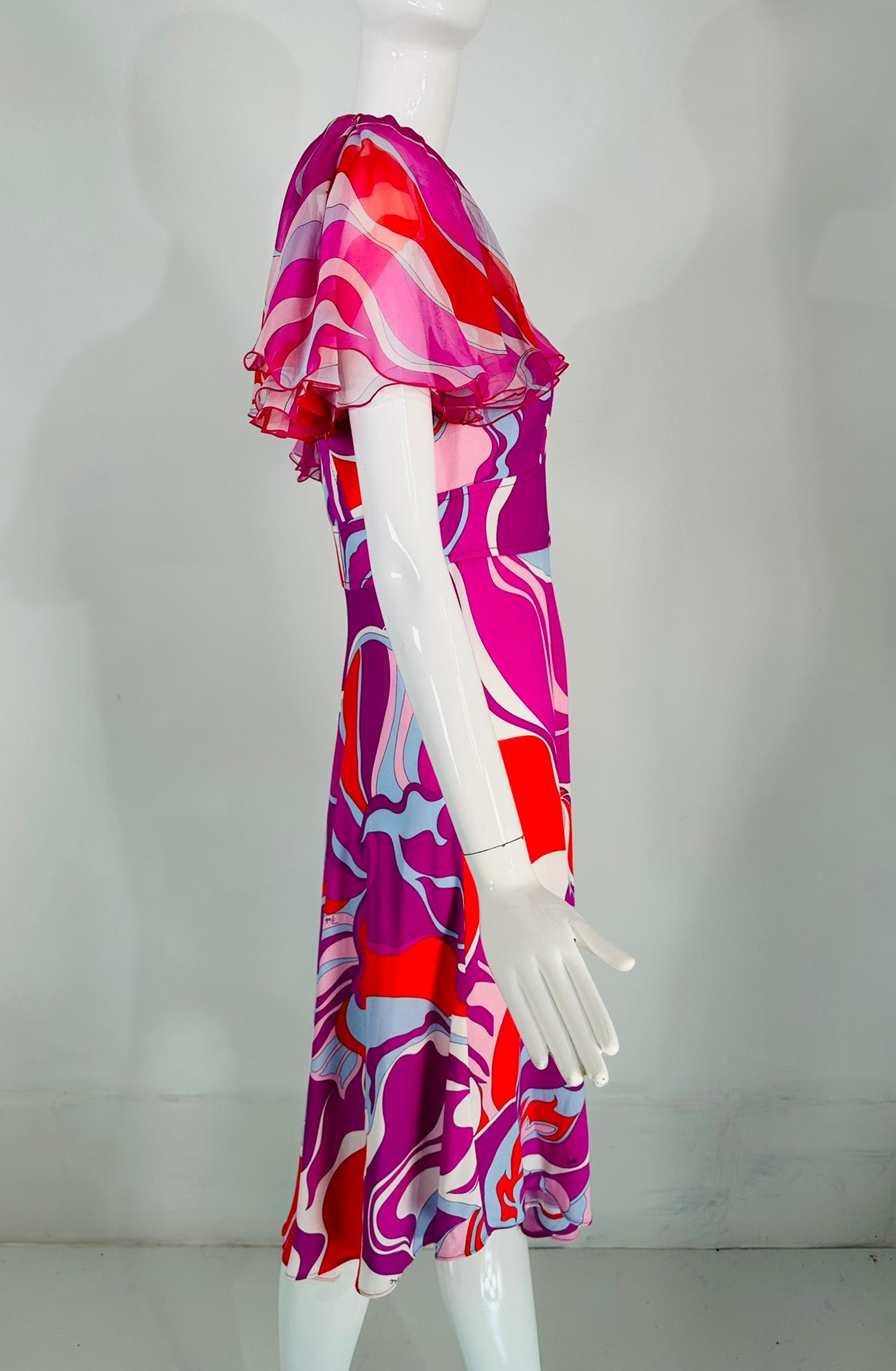 Women's Emilio Pucci V Neck Ruffle Chiffon Sleeve Bias Cut Asymmetrical Hem Dress US 6 For Sale