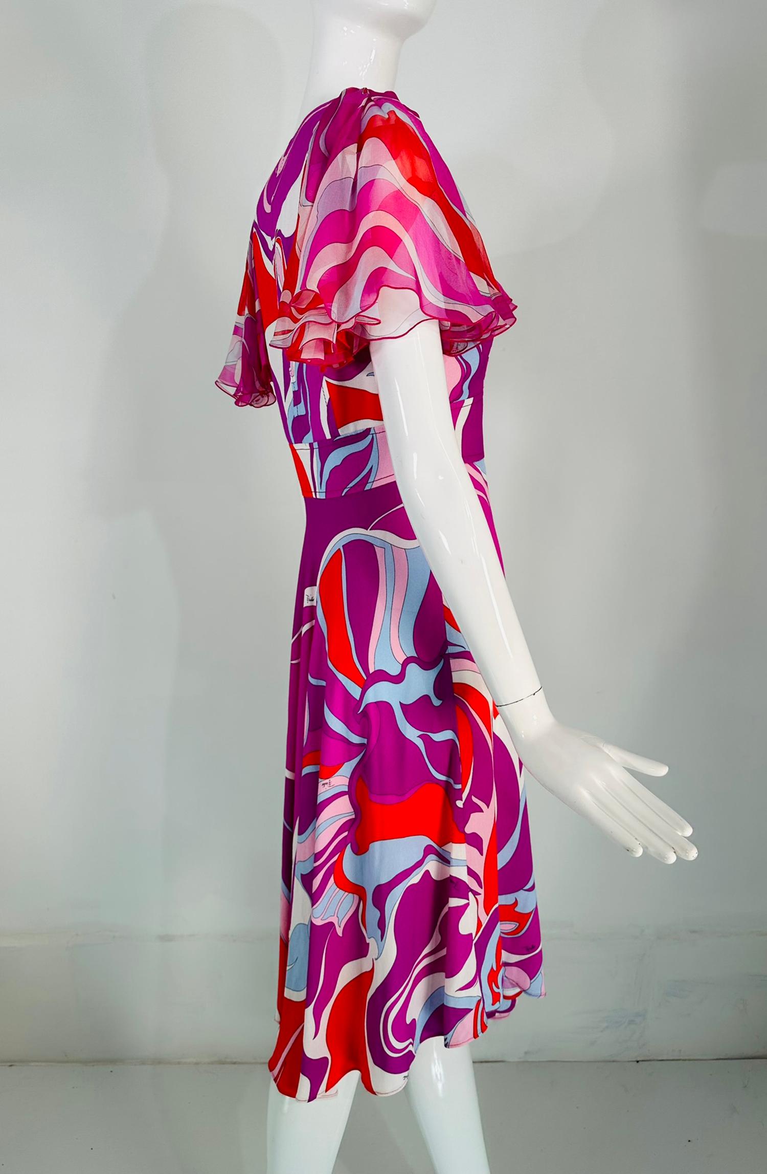 Emilio Pucci V Neck Ruffle Chiffon Sleeve Bias Cut Asymmetrical Hem Dress US 6 For Sale 1